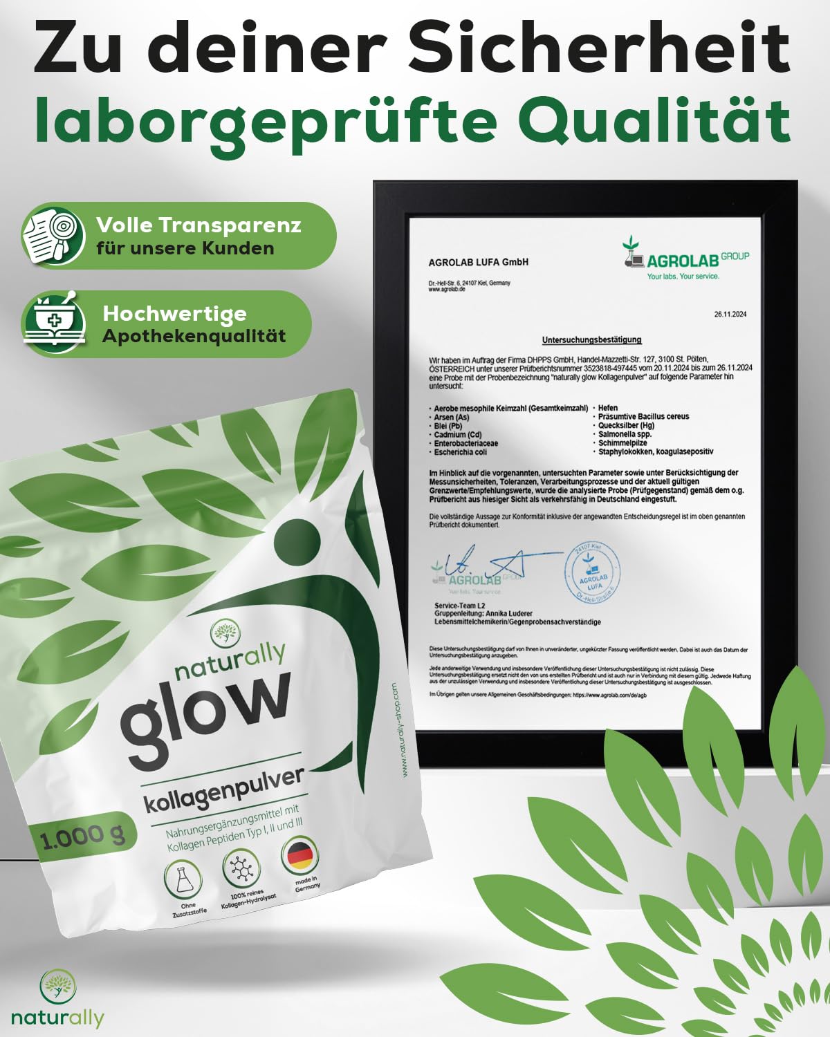 naturally glow Kollagen Pulver 1 kg – hydrolysierte Rinderkollagen Peptide