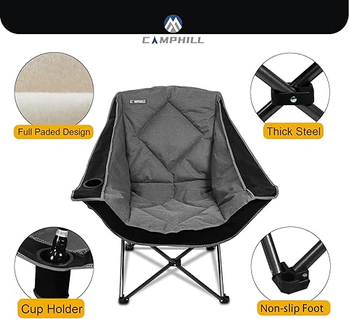 Miniatura 4 de CAMPHILL Silla de camping plegable, silla de camping portátil de gran tamaño con soporte para tazas, silla de césped acolchada resistente para