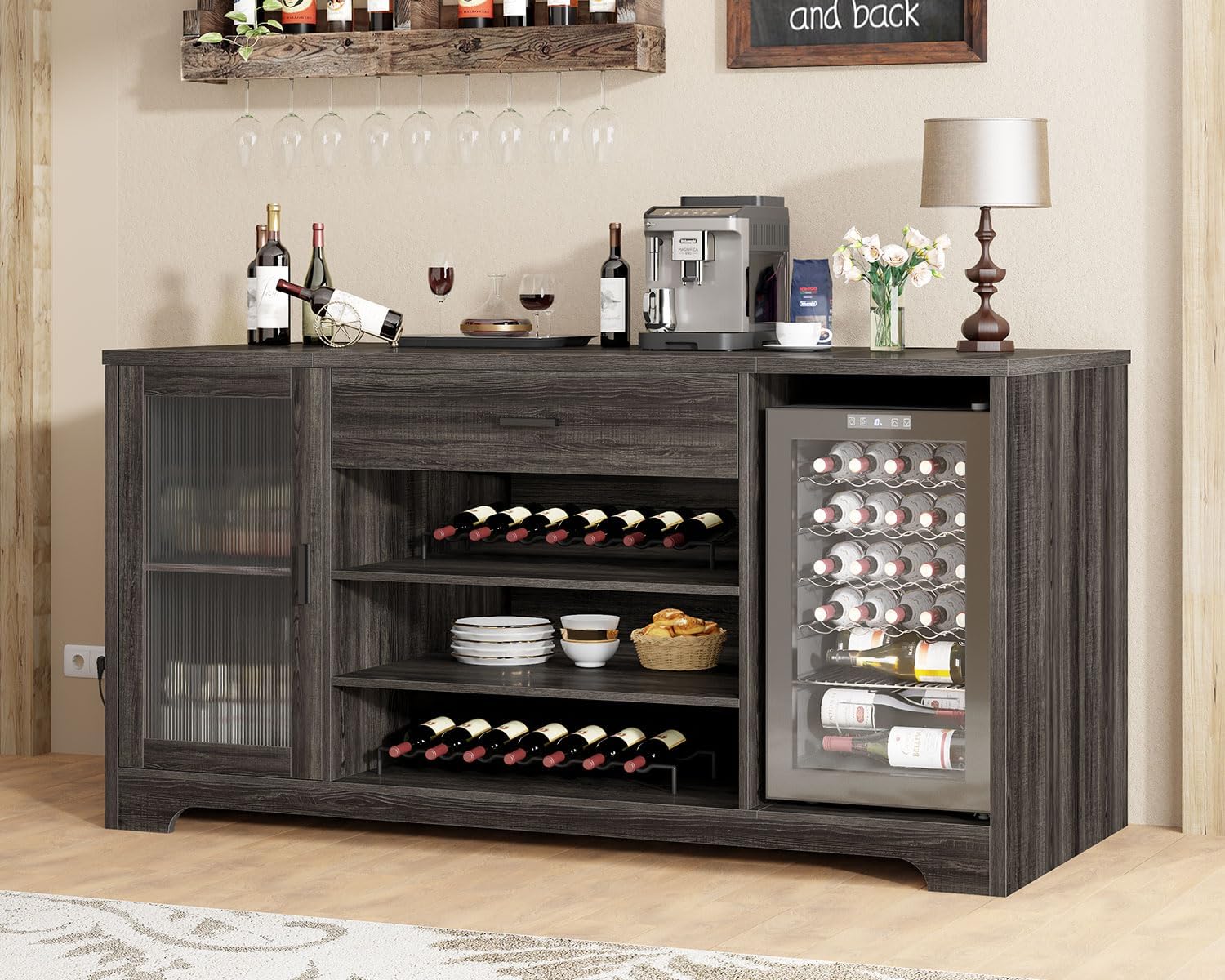 HSH Coffee Bar Cabinet with Wine Mini Fridge Space, Farmhouse Large Liquor Cooler Cabinets with Drawer Storage Rack, Modern Wood Metal Big Long Sideboard Buffet for Kitchen Dining Room, Gray, 70 Inch Dark Gray Oak