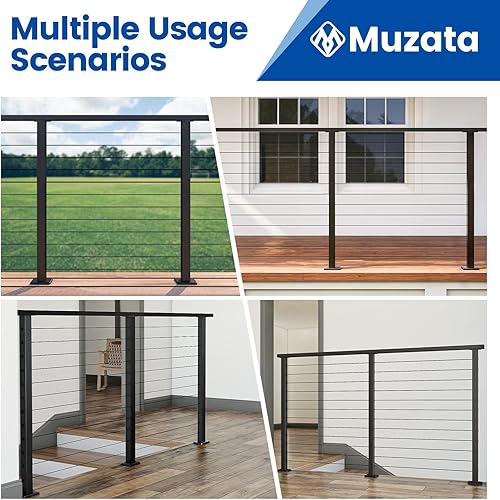 Miniatura 7 de Muzata Paquete de 4 postes de barandilla de cable negro de 36 pulgadas, 36 x 2 x 2 pulgadas, montaje en superficie perforada de nivel T304, kit