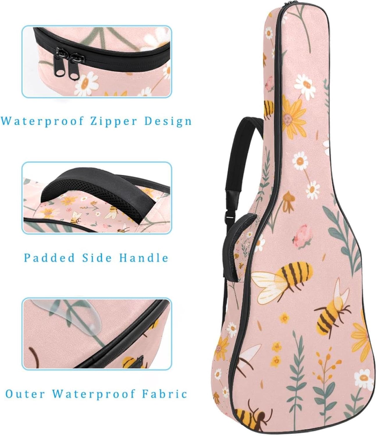 Acoustic Guitar Bag 0.4 Inch Thick Padding Waterproof Guitar Case Gig Bag for 40 41 42 Inch Electric Bass Classical Guitar, Cute Bees and Flowers Leaves