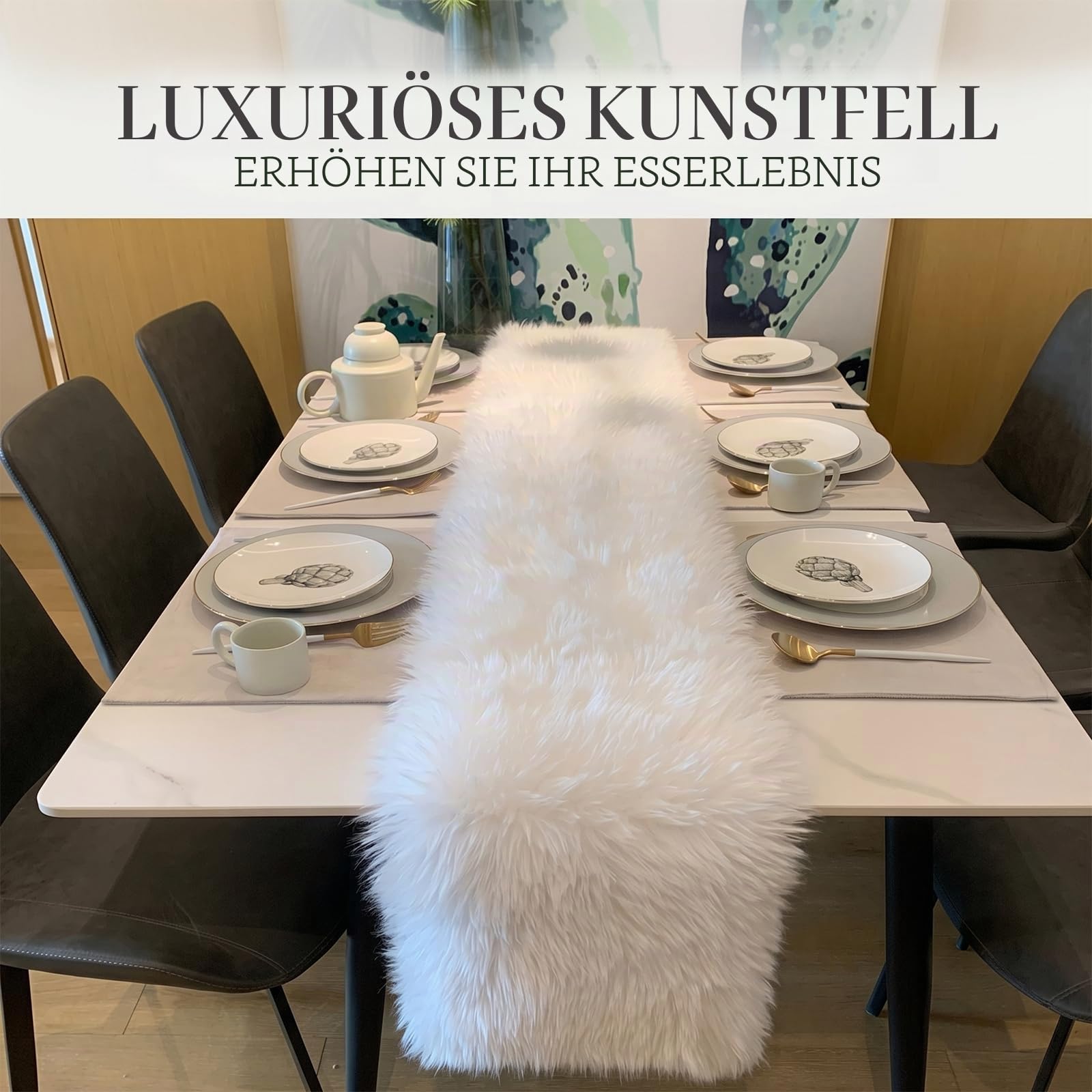 Kunstfell Tischläufer,Fell Tischläufer Weihnachten Weiß Modern Deko Oster Perfekt für Weihnachten ,Hochzeit Home Esstisch, Schminktisch, Couchtisch (30cm x 180cm) | Weicher, flauschiger weißer Kunstfell-Tischläufer für Weihnachten, Esstischdekoration mit