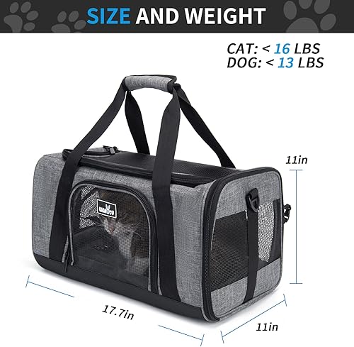 Vista 10 de Transportador de mascotas aprobado por la TSA para perros y gatos pequeños, bolsa de viaje con ventilación adecuada, 5 ventanas de malla, 3 1.0 Gris