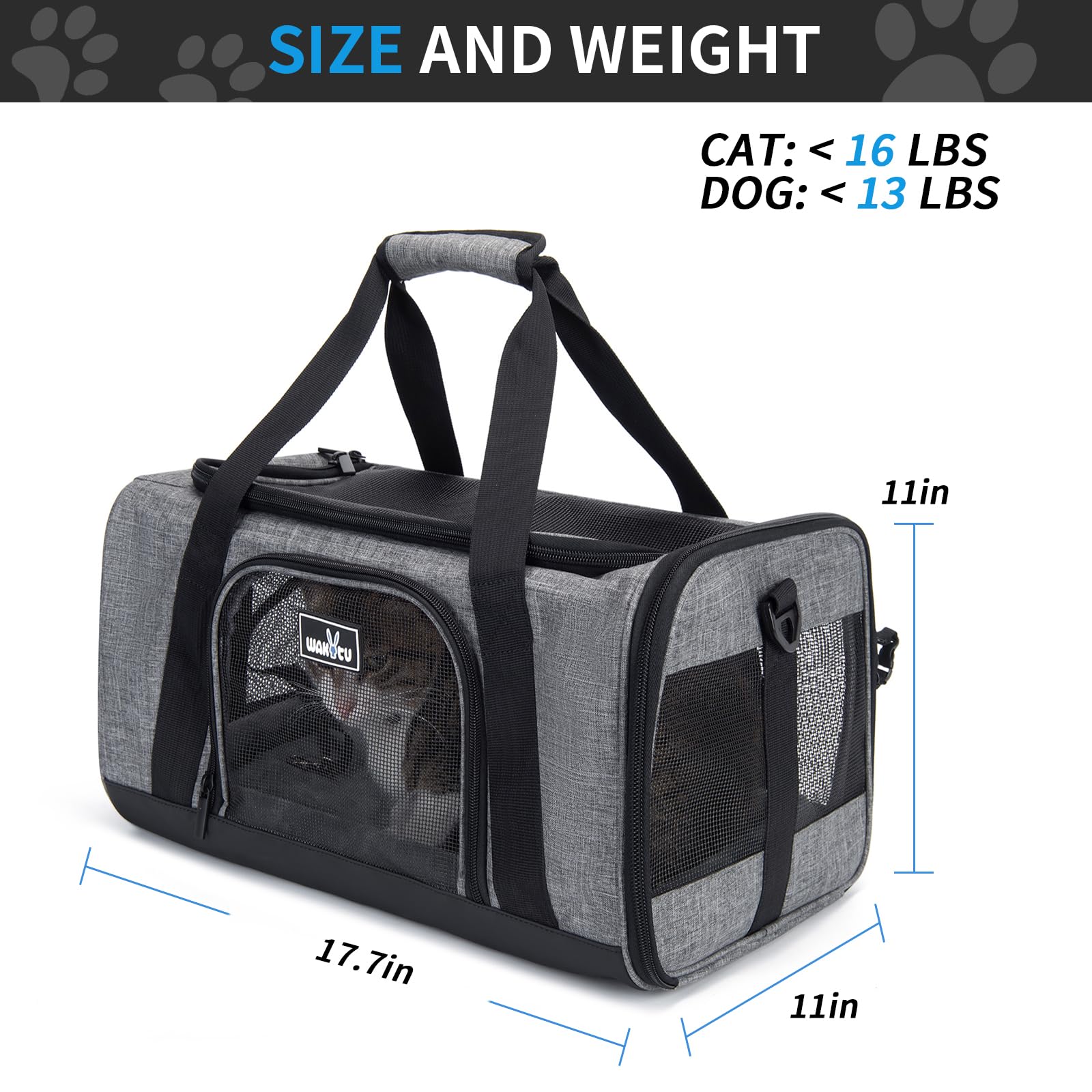 Wakytu Transportador de Mascotas para Gatos pequeños, Bolsa de Viaje para Perros con ventilación Adecuada, 5 Ventanas de Malla, 3 entradas, Cremalleras de Seguridad de Bloqueo, Hombro Acolchado y