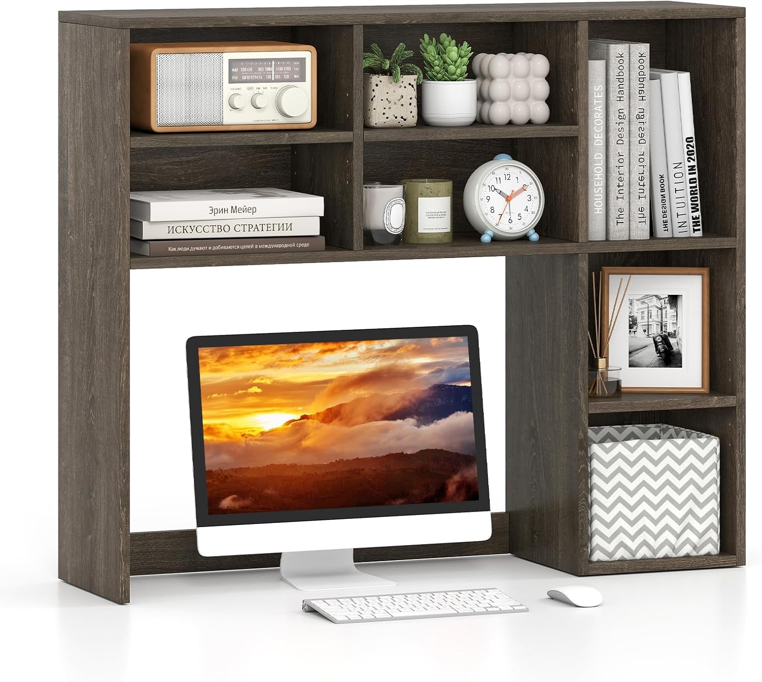 GOFLAME 7 Cubes Desktop Bookshelf, 37” Desk Organizer Shelf with 3 Adjustable Shelves, 3-Tier Wood Countertop Display Rack, Multipurpose Tabletop Desk Hutch for Dorm, Home Office, Gray