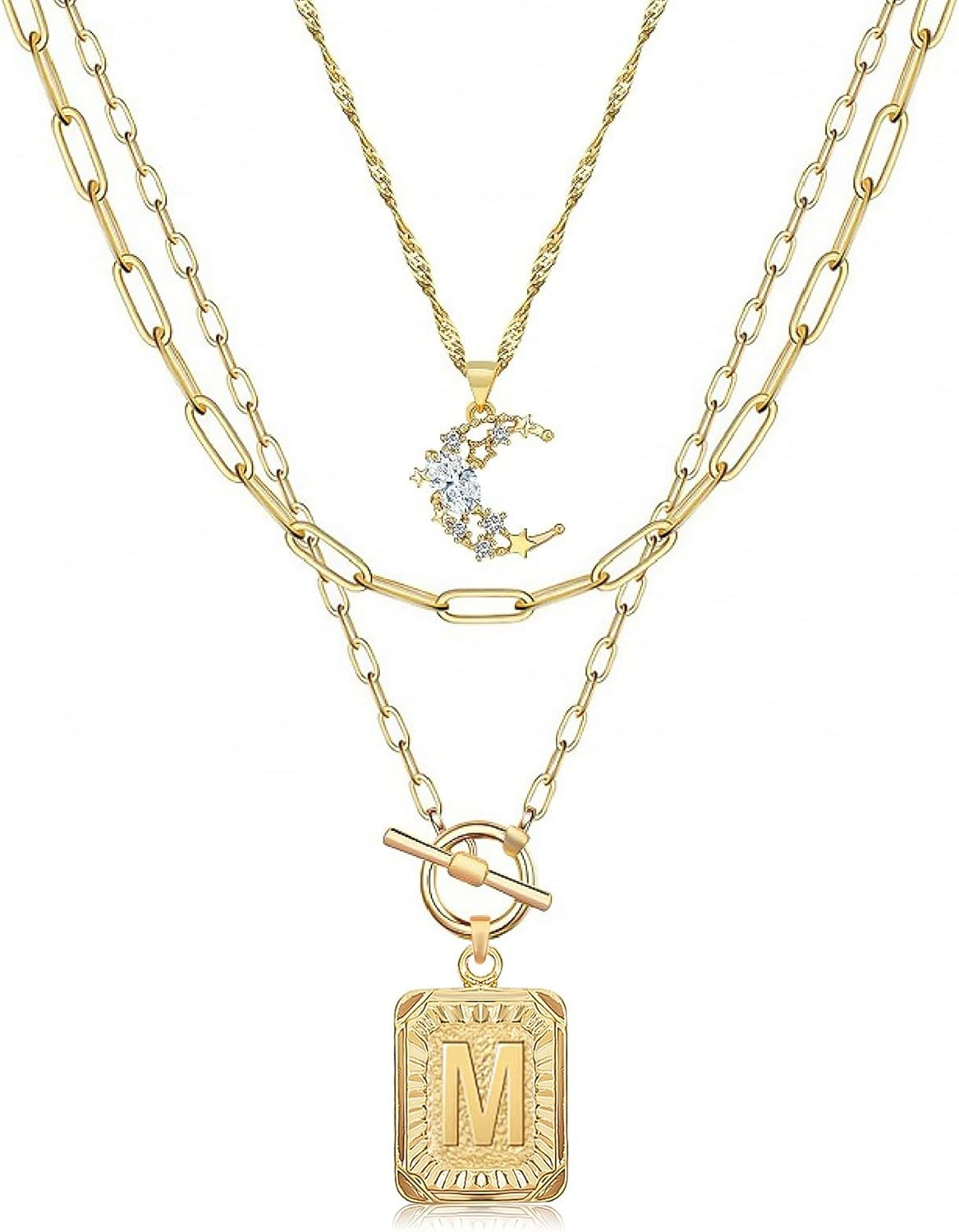 MJartoria Layered Initial Necklaces for Women Trendy, 14K Gold Plated Brass Simple Moon Choker Square Letter Pendant Necklace, Paperclip Chain Necklaces Jewelry Gifts