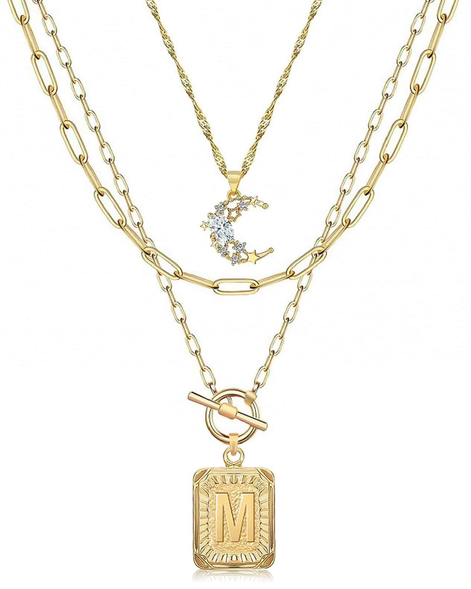MJartoria Layered Initial Necklaces for Women Trendy Simple Moon Choker, 14K Gold Plated Brass, Square Letter Pendant, Paperclip Chain