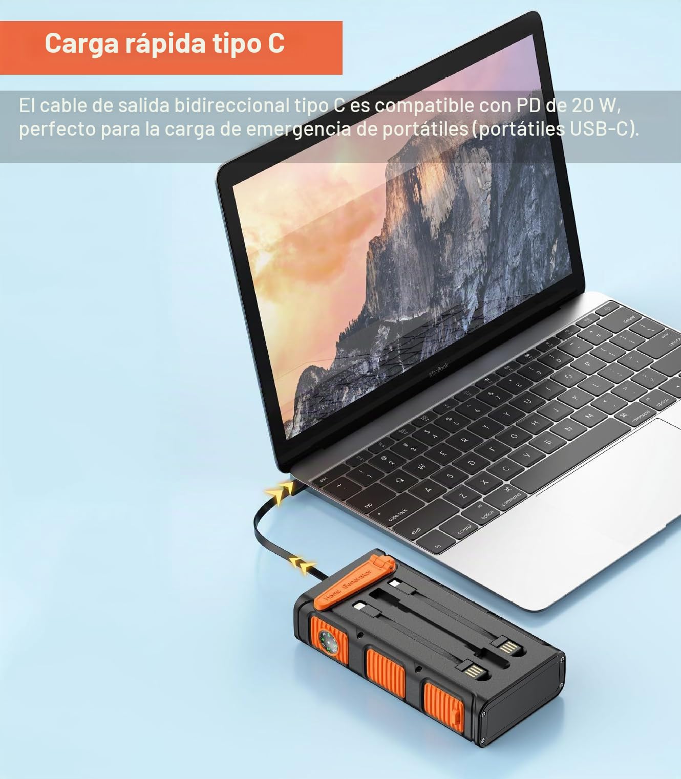 Banco de energía Solar 30000 mAh, Carga Rápida Batería Externa Inalámbrica con 3 Cables de Carga Integrados para Teléfono Tabletas