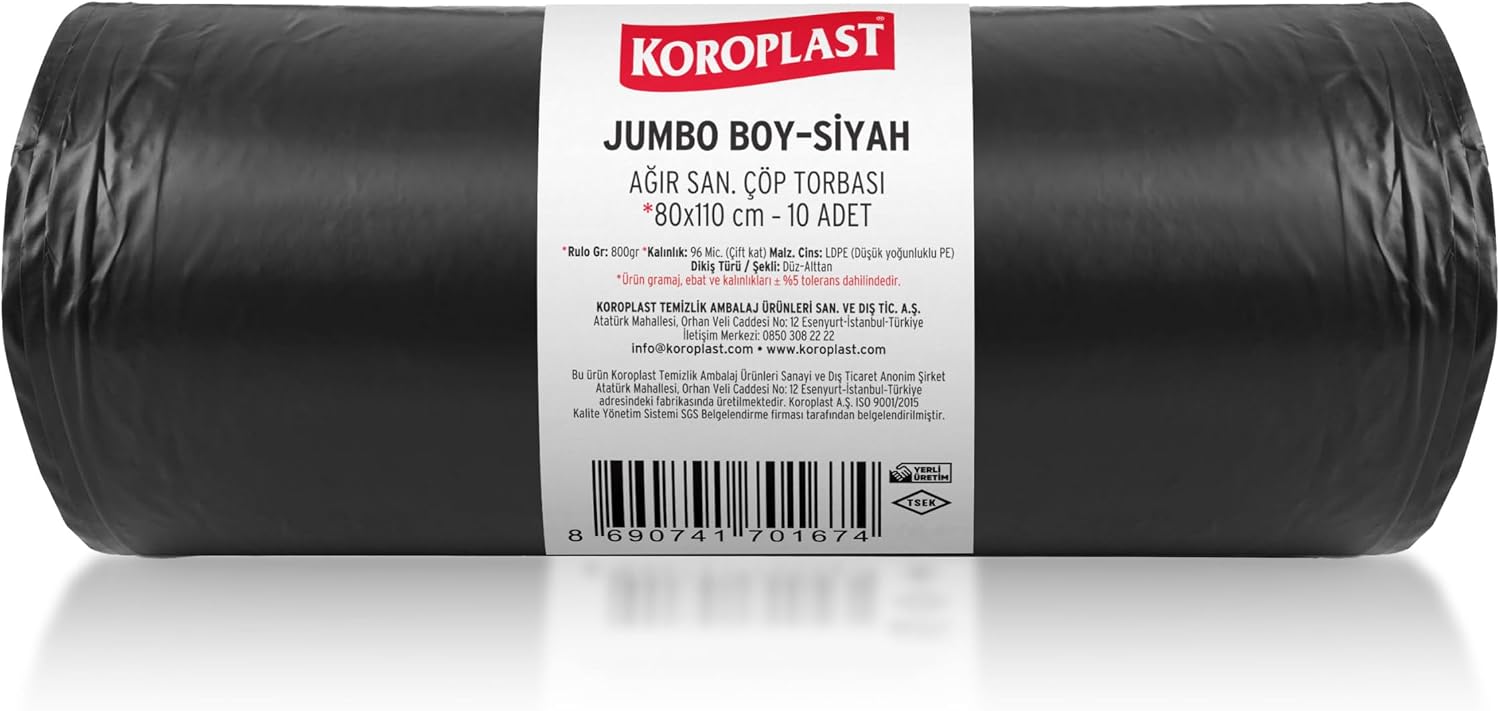 Ağır Sanayi Çöp Torbası Jumbo Boy Siyah 10'lu 80x110 cm, Dayanıklı & Sızdırmaz, Çift Katlı, Geri Dönüştürülebilir Çöp Poşeti, Fabrika, Şantiye, Sanayi, Restoran, Otel, Hastane, Atölye