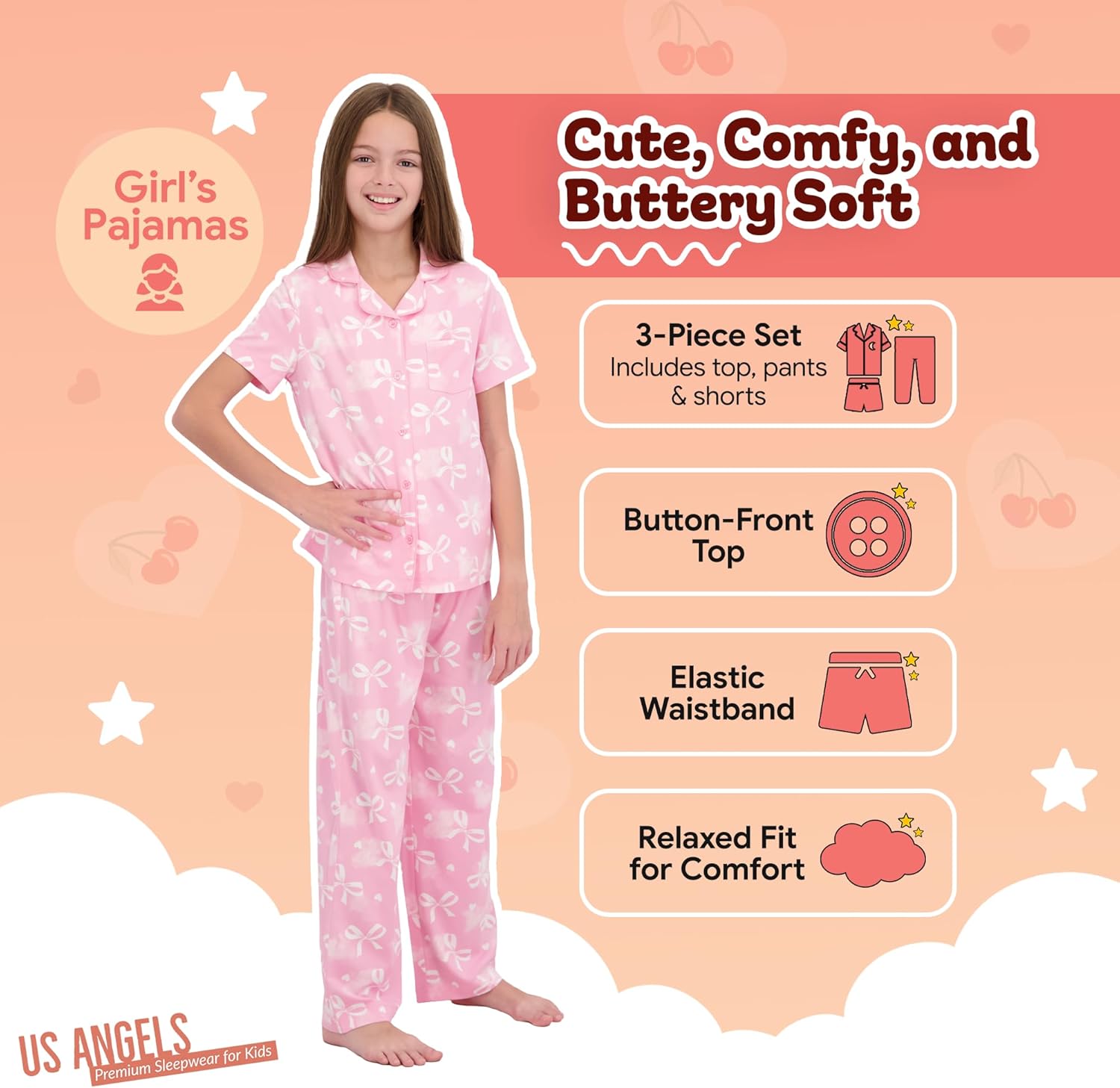 US Angels Girls Ultra Soft Button Down Pajamas, 3 Piece Pajama Set, pjs for teen girl, Size 7-16 - Image 2