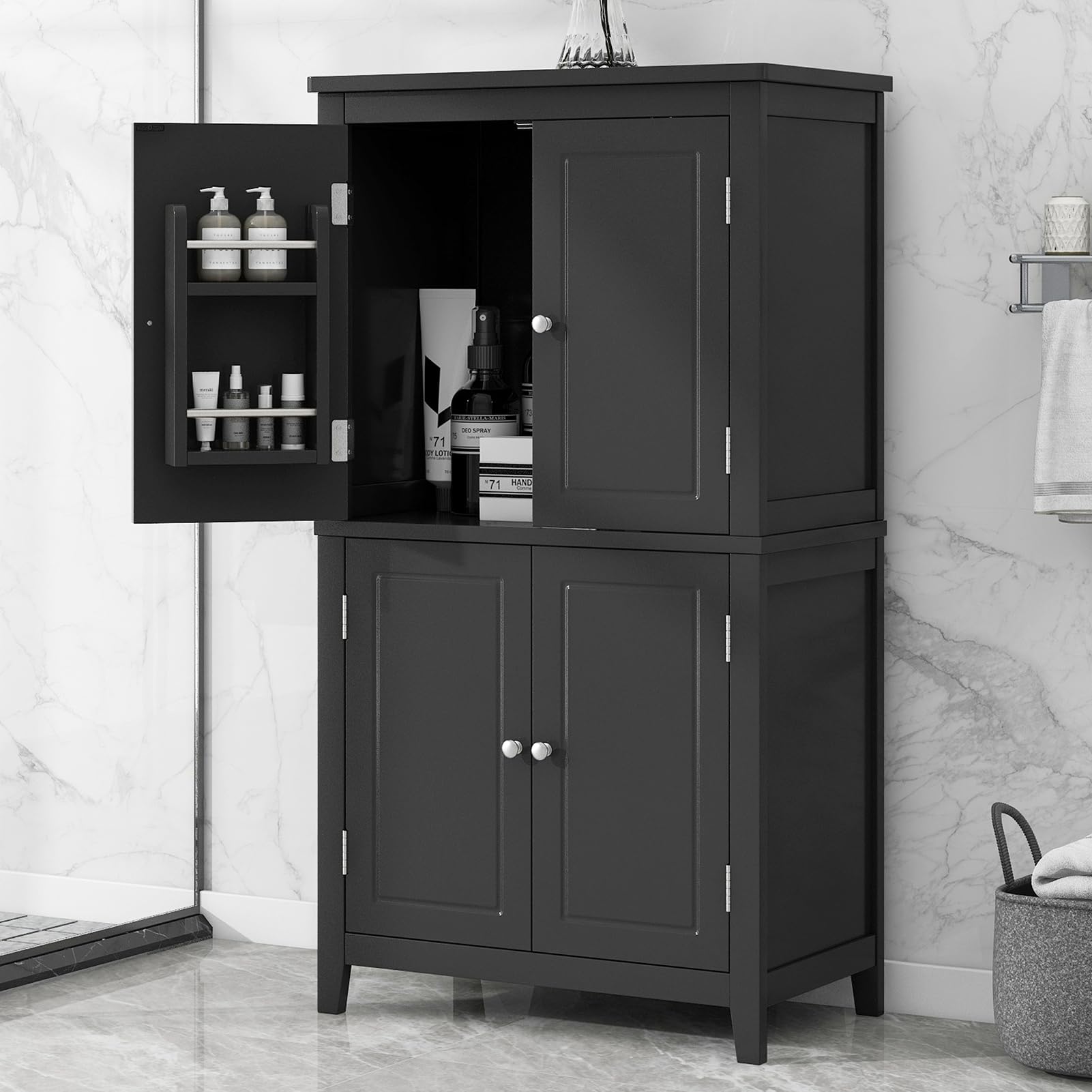 43.3" Tall Bathroom Cabinet with 4 Doors, Freestanding Floor Storage Cabinet with Adjustable Shelves Kitchen Pantry Cabinet Display Cabinet for