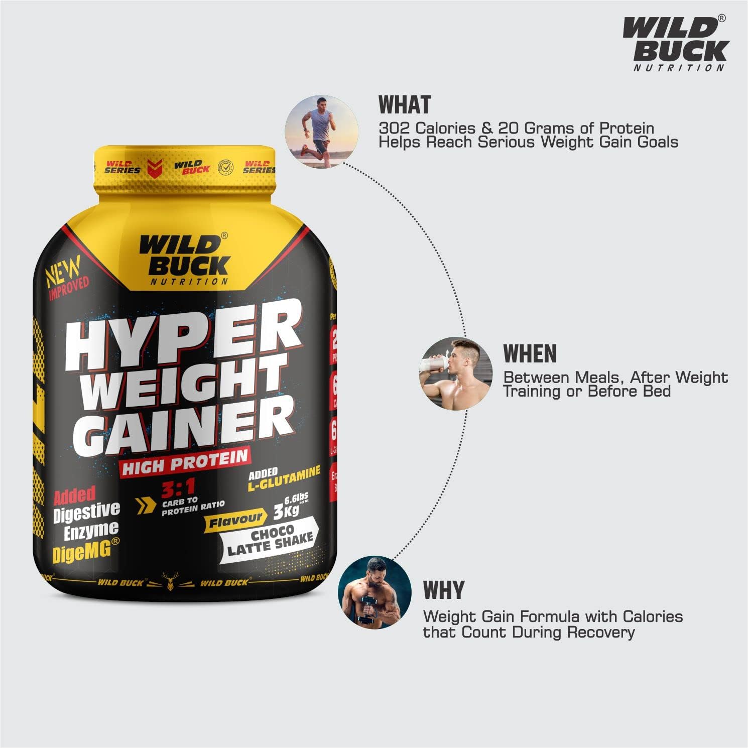 WILD BUCK Hyper Weight Gainer Powder High Protein Muscle Mass & Weight Gainer With L-Glutamine & Digestive Enzymes |For Men & Women [Choco Latte Shake, 3 Kg / 6.6 Lb], 1 count, 75 servings — Amazon image 7