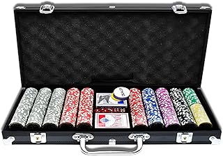 AufuN Pokerkoffer 500 Chips Laser Pokerchips 12 Gramm Metallkern, inkl. 2X Pokerdecks, 5X Würfel, Dealer Button, Big Blind, Little Blind, Poker-Set mit Schwarz Aluminium Gehäuse mit 2 Schlüssel