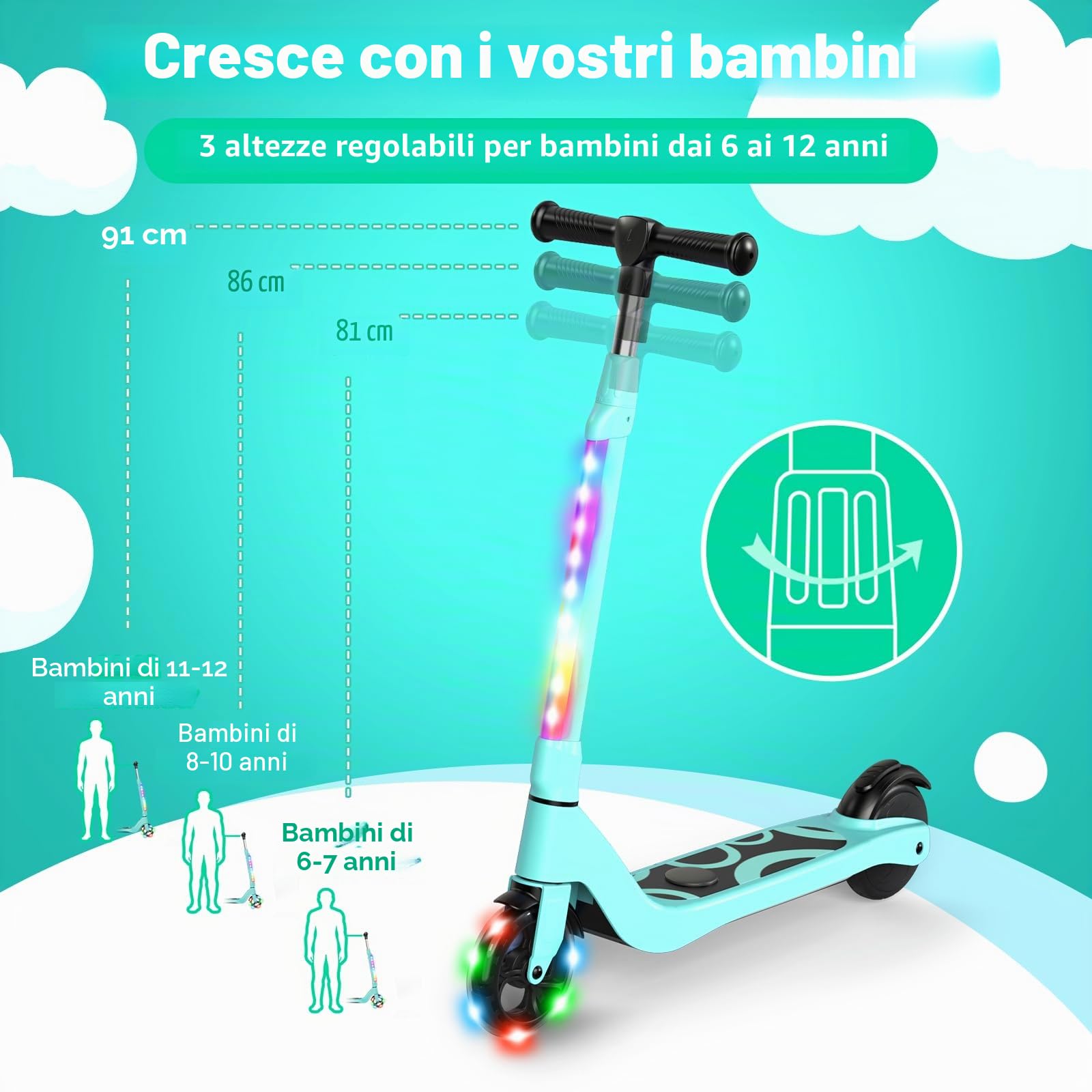 SISIGAD Monopattino elettrico per bambini da 6 a 12 anni, con luci LED lampeggianti e 3 altezze regolabili, max 10 km/h, motore da 45 W, carico massimo 70 kg
