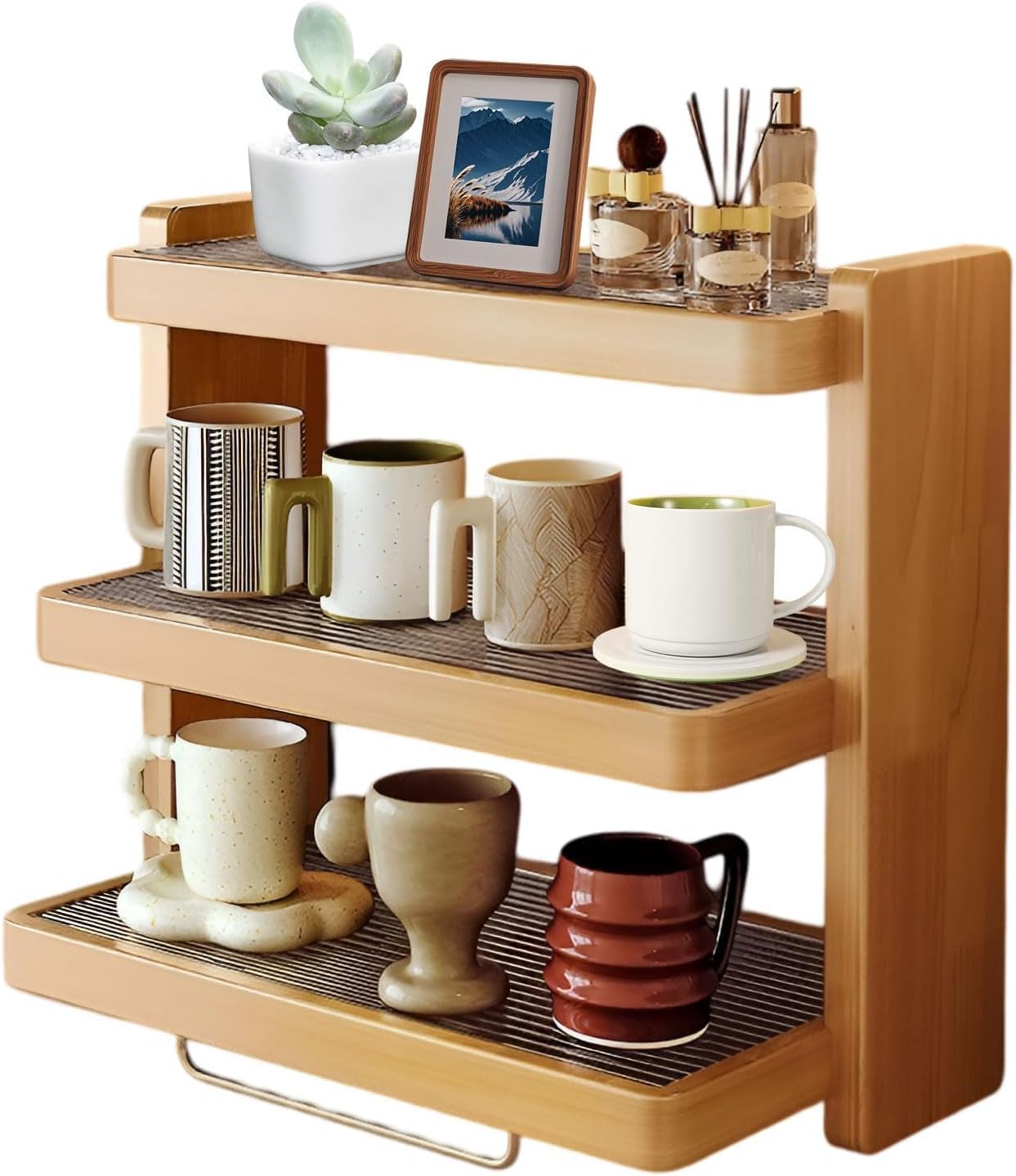 Organizador de barra de café de bambú de 3 niveles, estante de almacenamiento para encimera de cocina, estante de exhibición multifuncional para tazas, tazas que ahorra espacio y soporte para especias