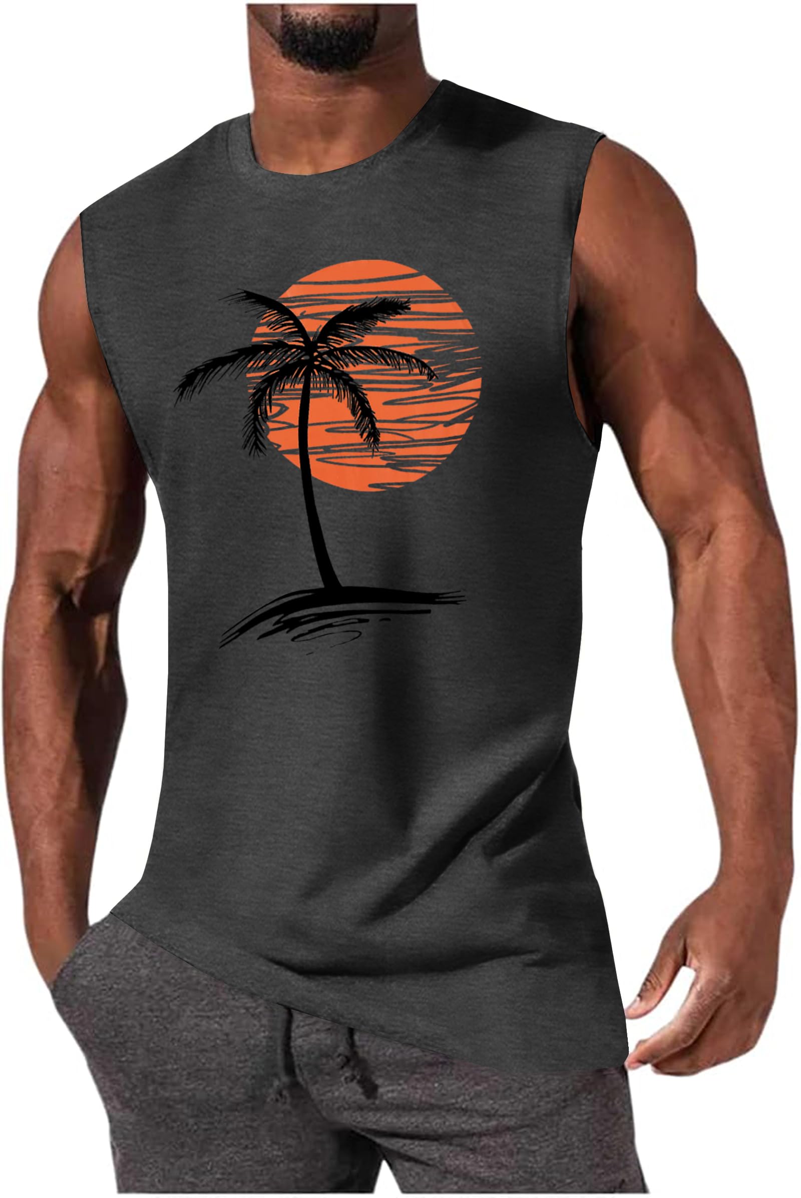 iudam Mens Summer Beach Tank Top Tropical Hawaiian Palm Tree Print Sleeveless Shirts Muscle Tee Vacation Shirts