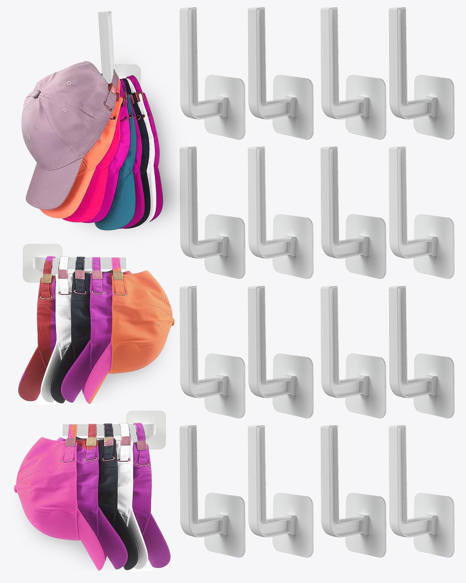 Sunfanie Multi-Purpose Hat Organizer (16-Pack), Strong Adhesive Hat Hooks for Wall, Two Mounting Options, White