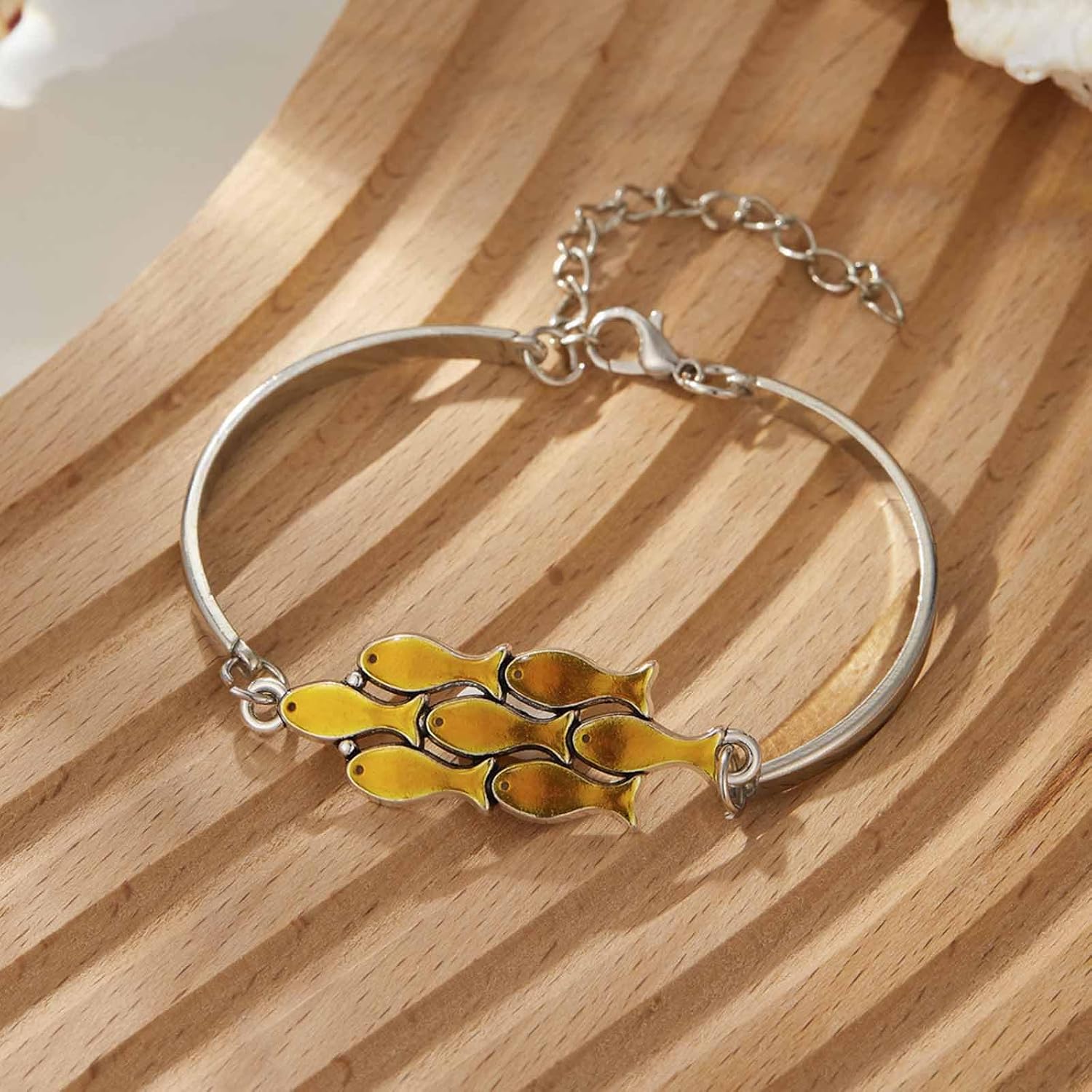 Boho Ocean Bracelet Gold School of Fish Bracelet Small Fish Charms Cuff Bangle Beach Marine Bracelet Hand Jewelry for Women - Image 6