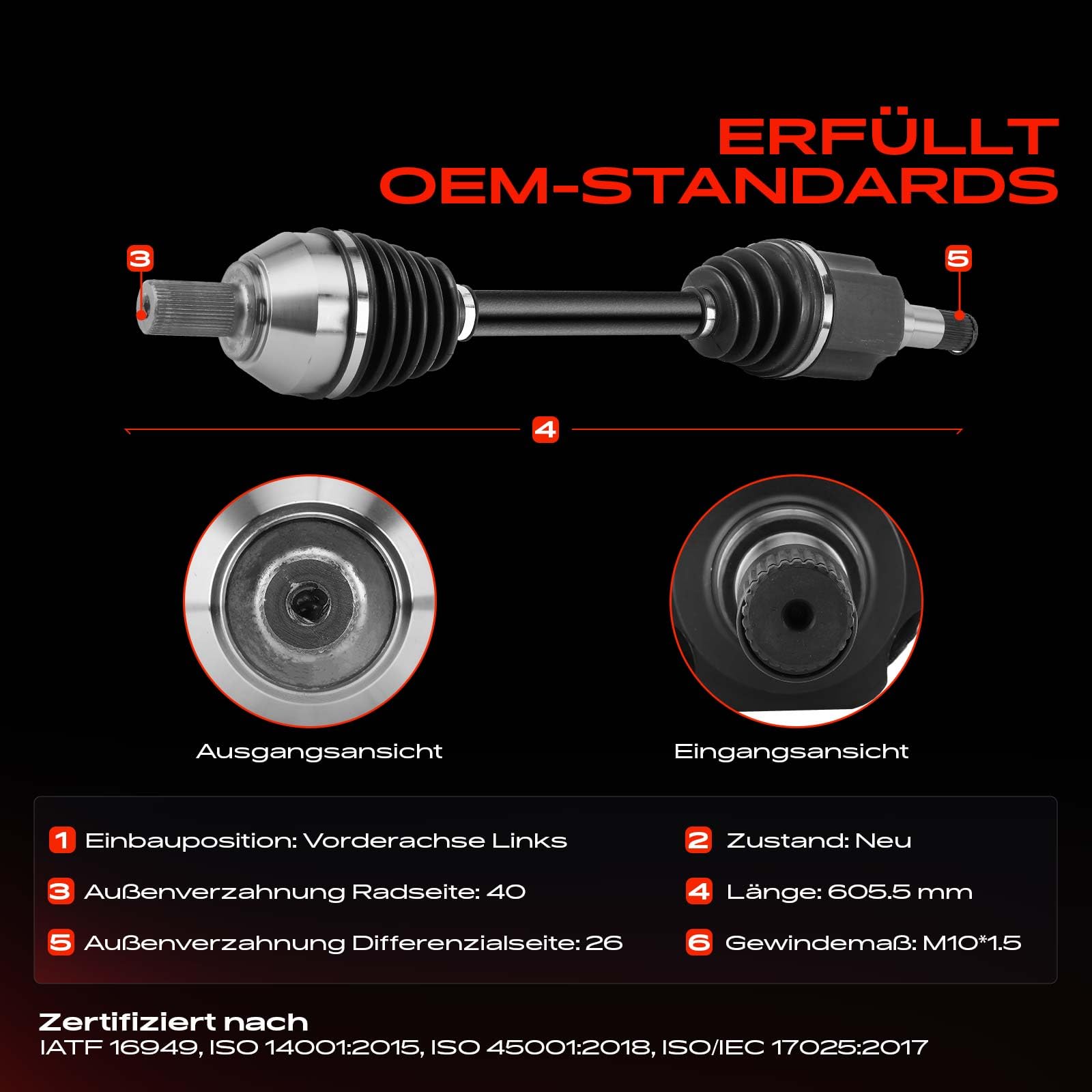 Frankberg Antriebswelle Achswelle Schaltgetriebe Vorderachse Links Kompatibel mit Galaxy WA6 Mondeo IV BA7 Mondeo IV Stufenheck BA7 S-Max WA6 Replace# 6G913B437BE
