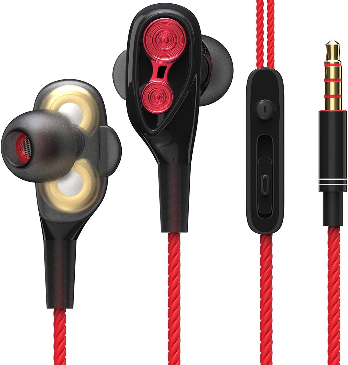 RINOO® In Ear headphones with volume control + microphone for Apple iOS and Android in red black