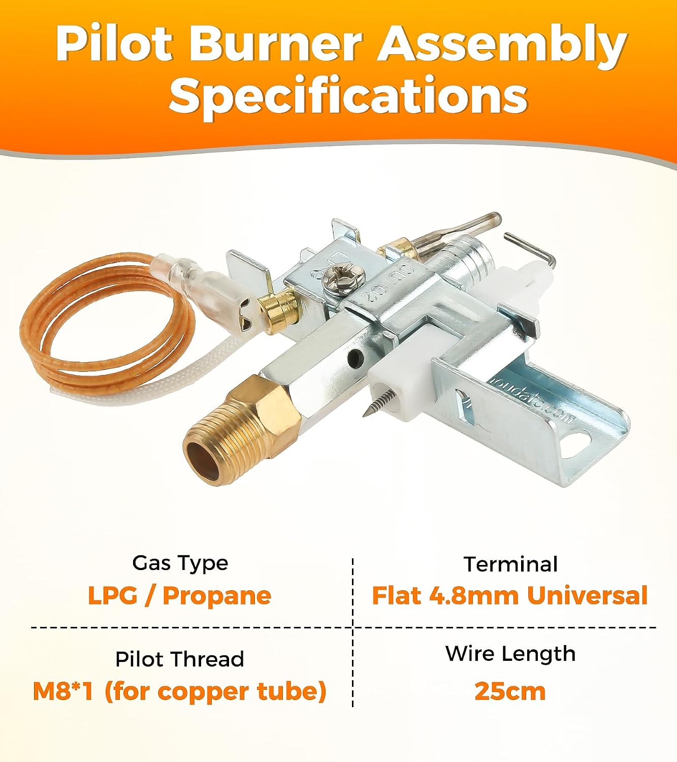 Universal LPG Propane Pilot Burner Assembly with Thermocouple - 25cm Wire & 4.8mm Terminal - Direct Replacement for Patio Heater, Fire Pit, Outdoor Heater Parts - Fits M8*1 Copper Tube