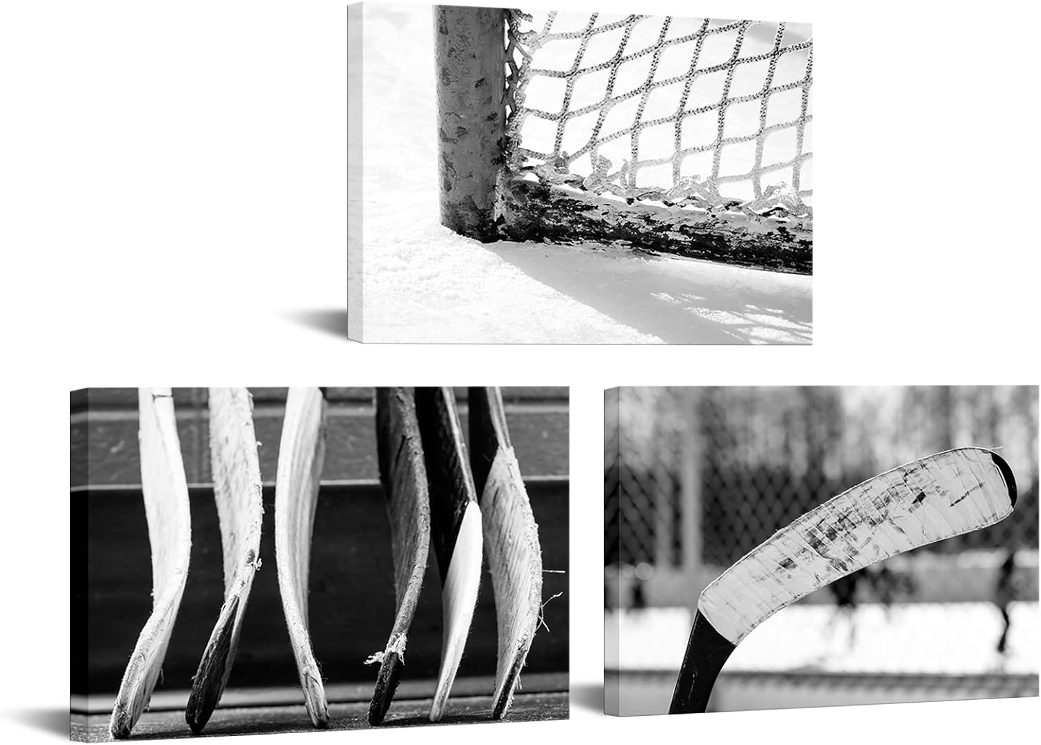Nachic Wall 3 Panels Black and White Canvas Art Vintage Sports Decor Ice Hockey Stick Photography Painting for Ice Rink Gym Man Boys Room Decor Stretched and Framed Ready to Hang (Medium)