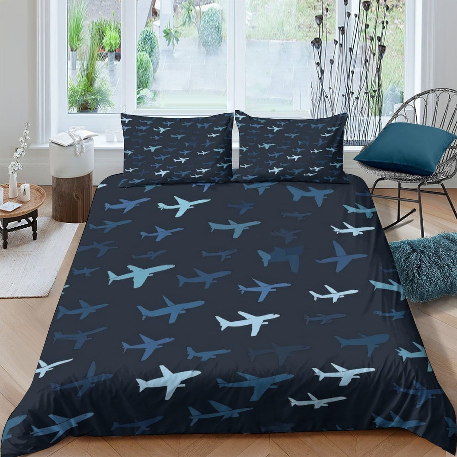 XFKLYNVCJ 3D Printed Airplane pattern Comforter Cover Polyester Blue aviation design Duvet Cover Stain Resistant Durable for Young Adults Rental Home Uni Student Bedroom Use King（220x240cm）