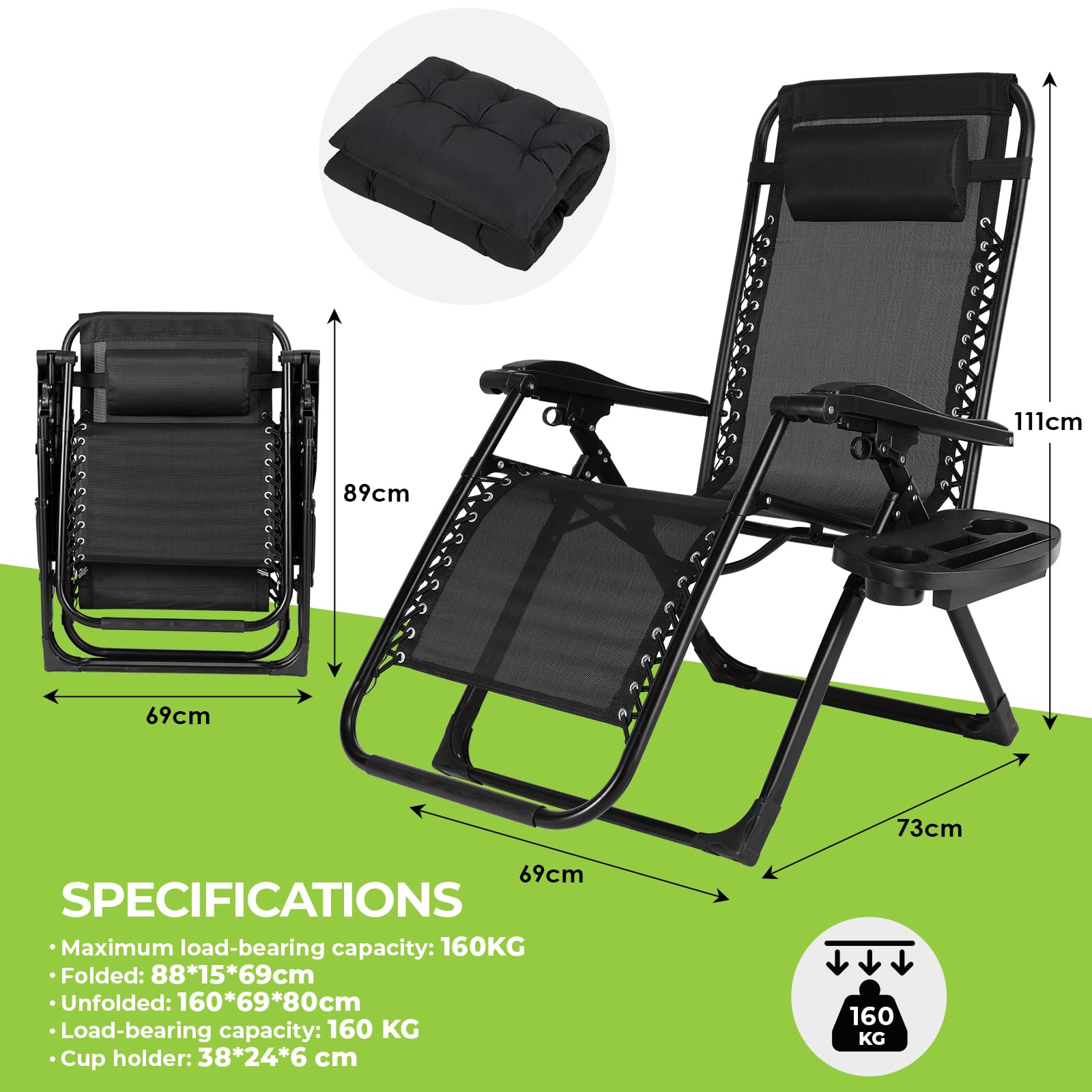 TLGREEN Sonnenliege Klappbar 2er Set, Verstellbare Gartenliege mit Auflage Wasserdicht Abnehmbare Kopfstütze Getränkehalter, Liegestuhl, Klappliege für Balkon, Schwarz
