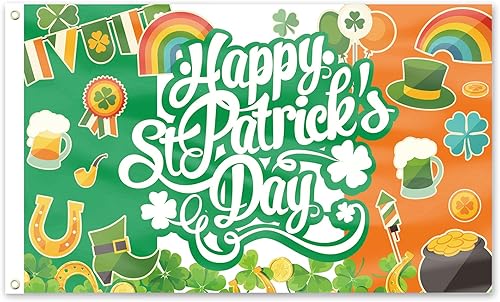 Bandera de feliz día de San Patricio para exteriores, banderas de porche de la suerte, trébol, sombrero de copa de trébol, moneda dorada, bandera de
