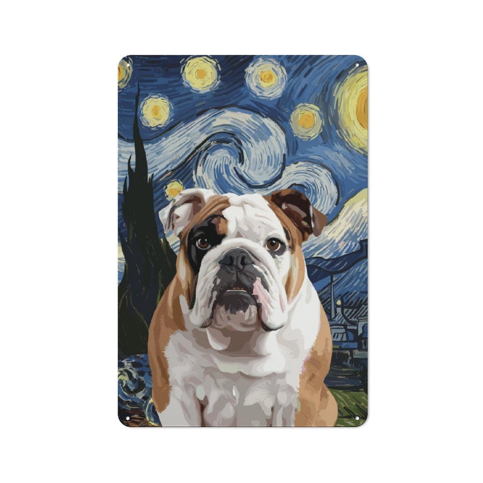 Decorative Metal Plaque with Bulldog Starry Night Design 30x20cm, Modern Retro Studio Wall Art for Workspace, Cafe, Hallway Or Garage