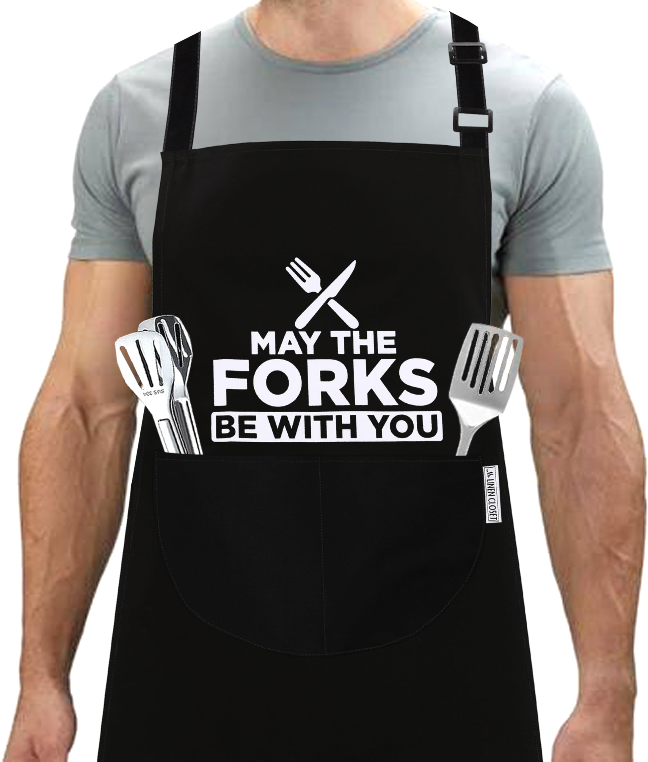 LINEN CLOSET® Bbq Apron for Men Funny Aprons Chef Grilling Novelty Barbecue Aprons Kitchen Cooking Gift Black Apron with 2 Pockets-May The Forks Be with You Apron