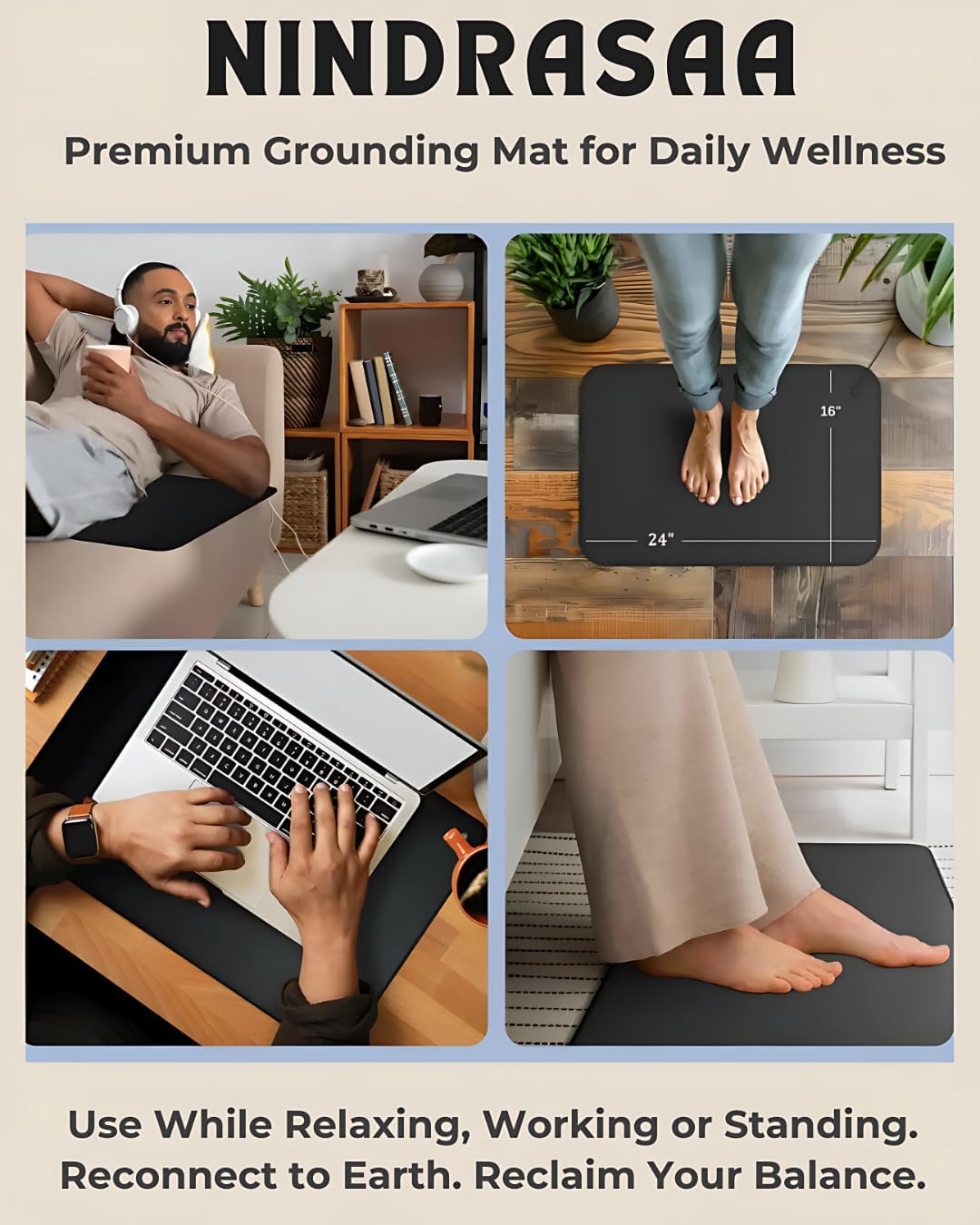 Grounding Mat 24"x16" – Earthing Mat Grounding Pad for Desk & Feet – Non-Slip Vegan Leather with Outlet Tester – Durable Portable Design