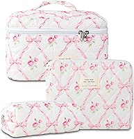 Vista 19 de Bolsa de maquillaje acolchada de algodón, 3 piezas, bolsa de cosméticos de viaje, bolsa de maquillaje floral, bolsa de aseo grande para mujeres