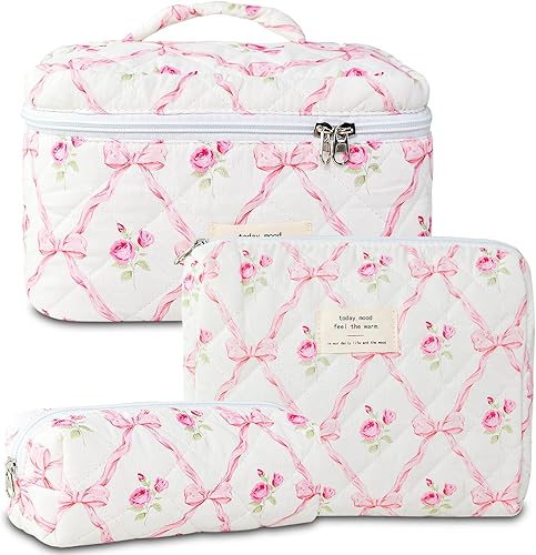 Miniatura 19 de Bolsa de maquillaje acolchada de algodón, 3 piezas, bolsa de cosméticos de viaje, bolsa de maquillaje floral, bolsa de aseo grande para mujeres