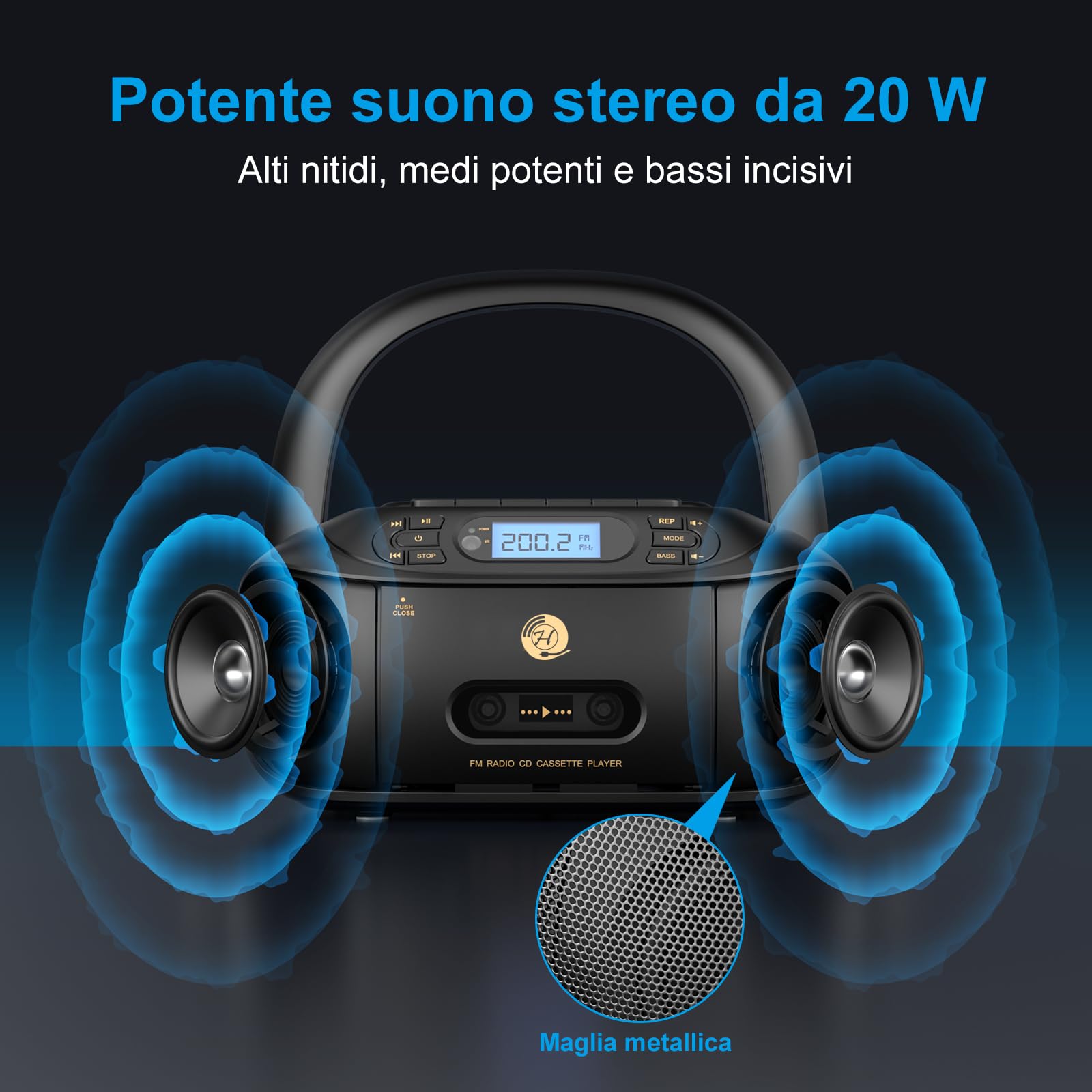 Lettore CD con Cassette, Radio FM Portatile, Lettore CD super basso Boombox con Bluetooth, Altoparlanti Stereo Incorporati, supporto AUX-In, Riproduzione USB, Uscita per cuffia