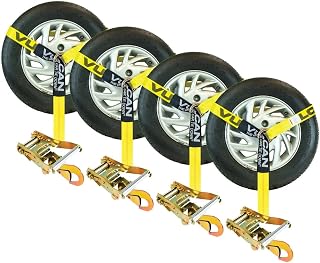 VULCAN Car Tie Down with Snap Hooks - Lasso Style - 2 Inch x 96 Inch - 4 Pack - Classic Yellow - 3,300 Pound Safe Working Load
