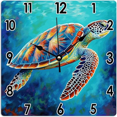 Reloj de arte de verano, playa, mar, tortuga, náutico, acuarela, tortuga, relojes artísticos, funciona con pilas, silenciosos, de PVC, reloj costero