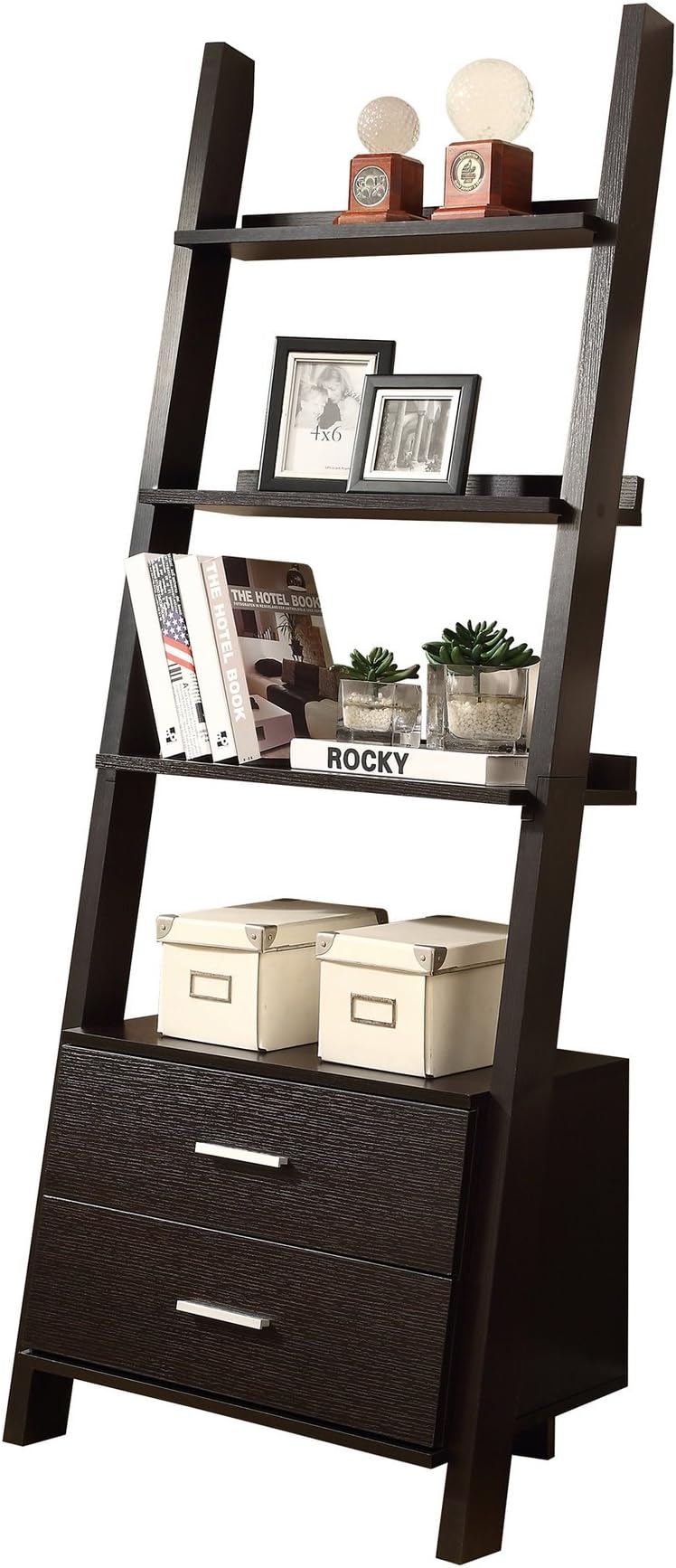 Candace & Basil Bookcase - 69" H/Cappuccino Ladder W/ 2 Storage Drawers