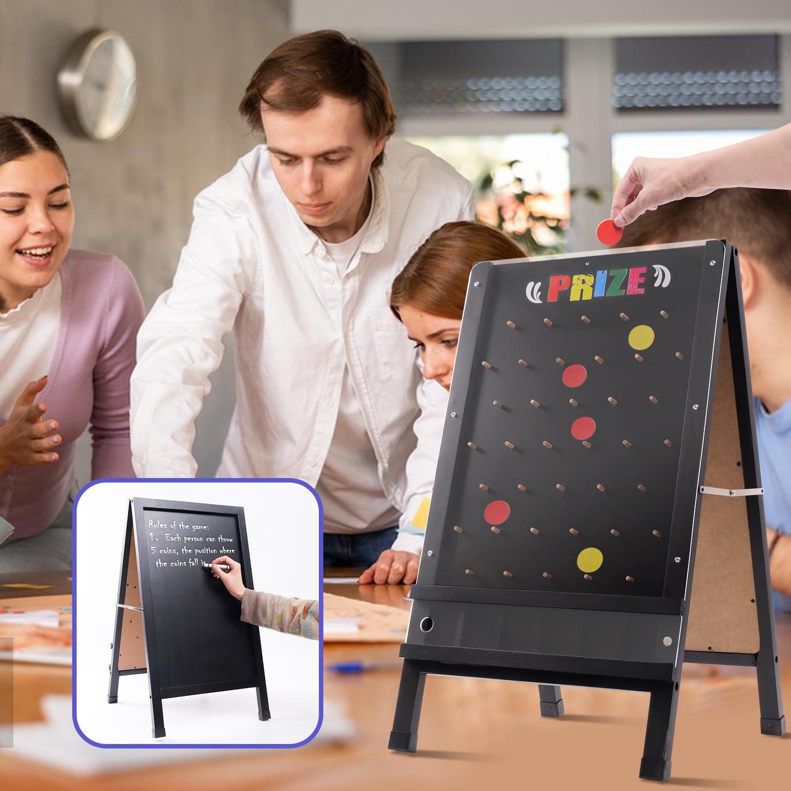 Tablero de juego Prize Drop, 15.7 x 27.5 pulgadas, diseño plegable de doble cara con letrero de pizarra de madera con marco en A para familia, carnaval, feria comercial y fiesta, incluye 10 discos de