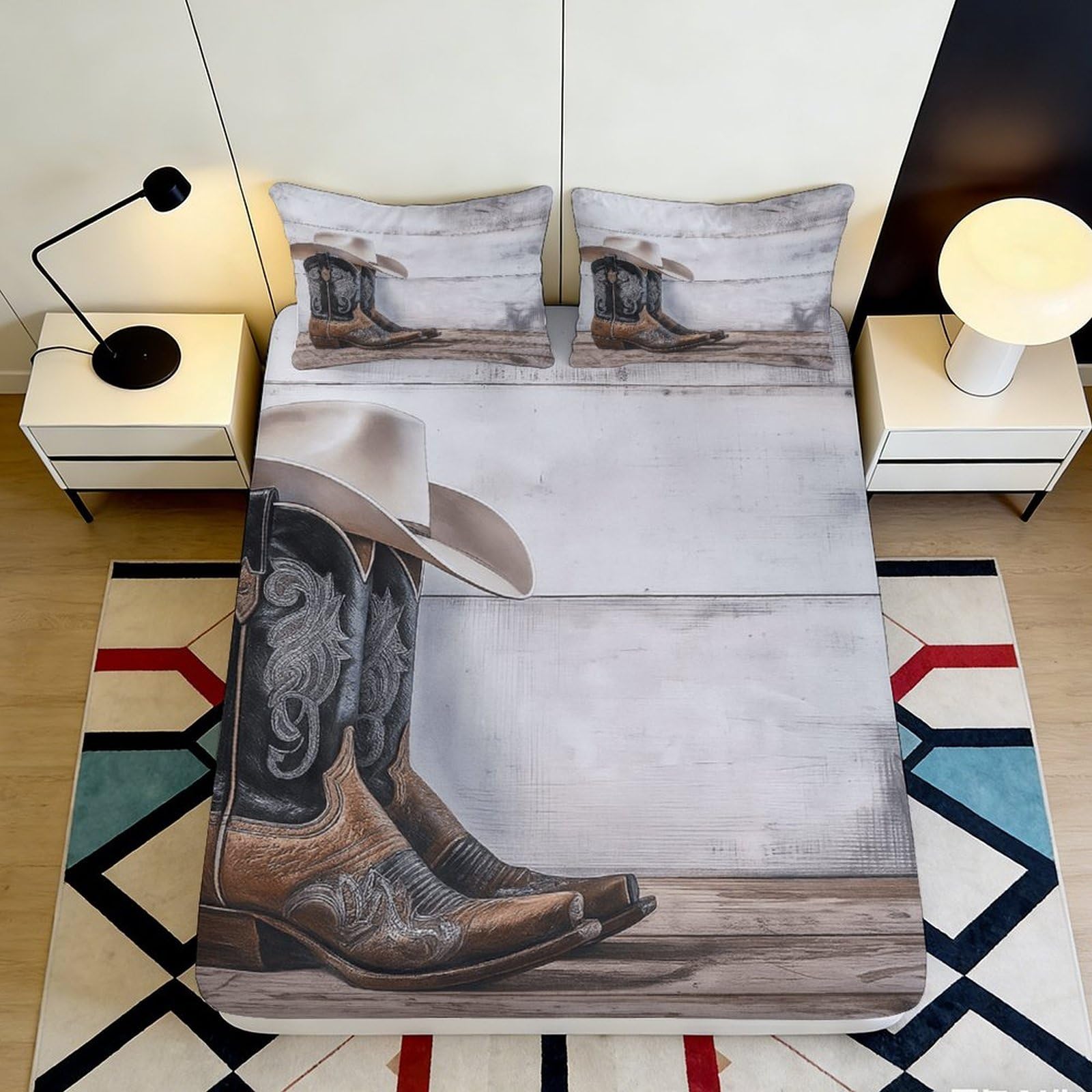 Jqzkxnhpbr Style-9 3D Printed Cowboy Boots Fitted Sheet Microfiber Soft Stylish Western Hat Bed Cover For Bedroom Guest Room Decor 90X200x25cm