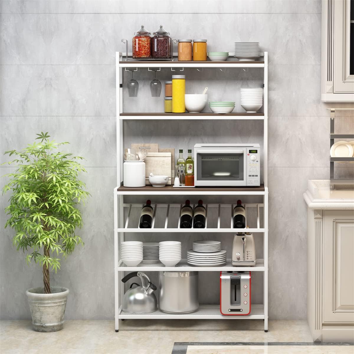 Kitchen Shelf 6Tier Baker Rack, Freestanding Bar Wine Rack Table with Glass& Cup