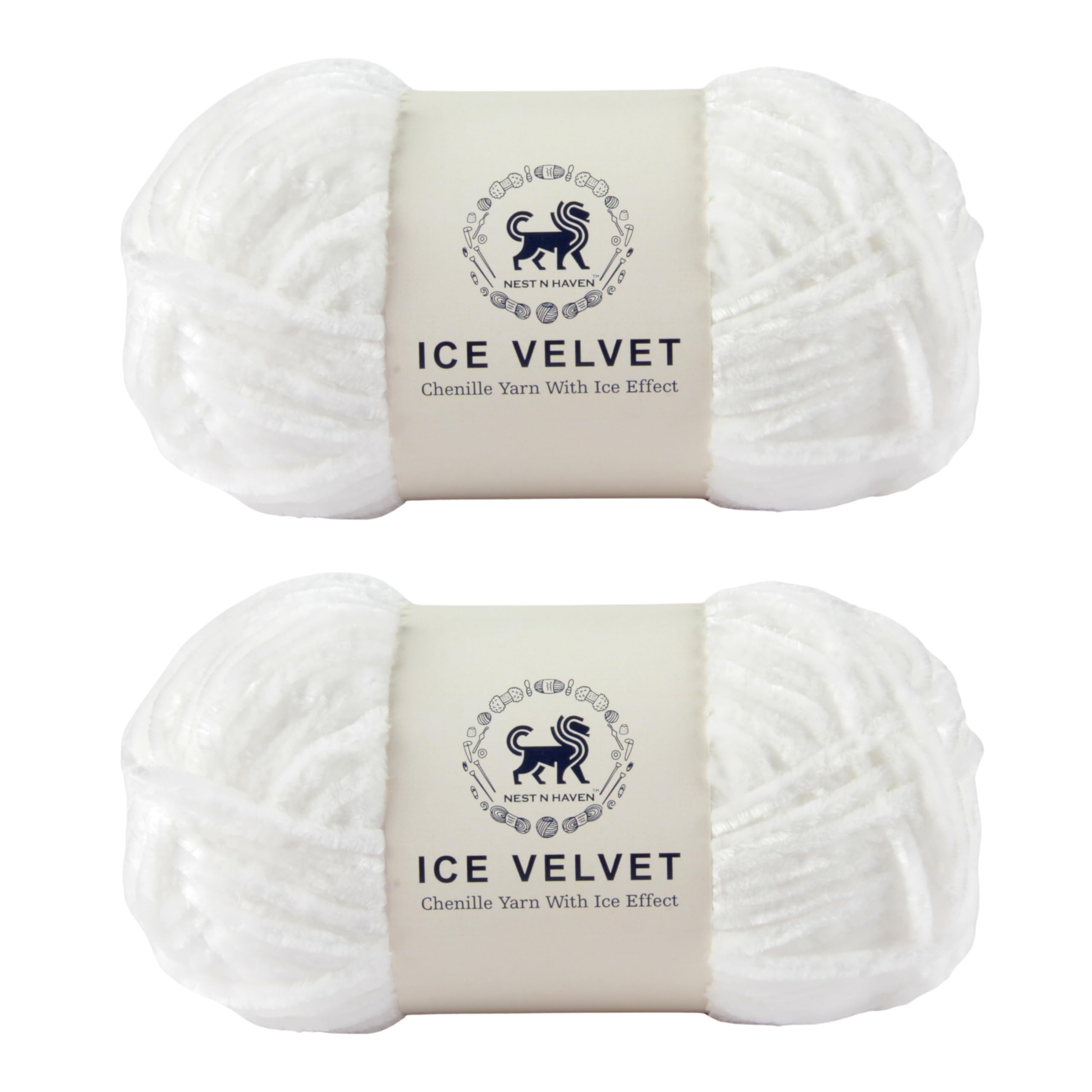 NESTNHAVEN, Ice Velvet, Chenille Yarn Supersoft Hand Knitting Wool Ball, Set of 2 (1 Ball/100 Gram Each) Ball Suitable for Craft, Babywear, Baby Blankets, 4 Medium, Shade no - NNHIVS (White)