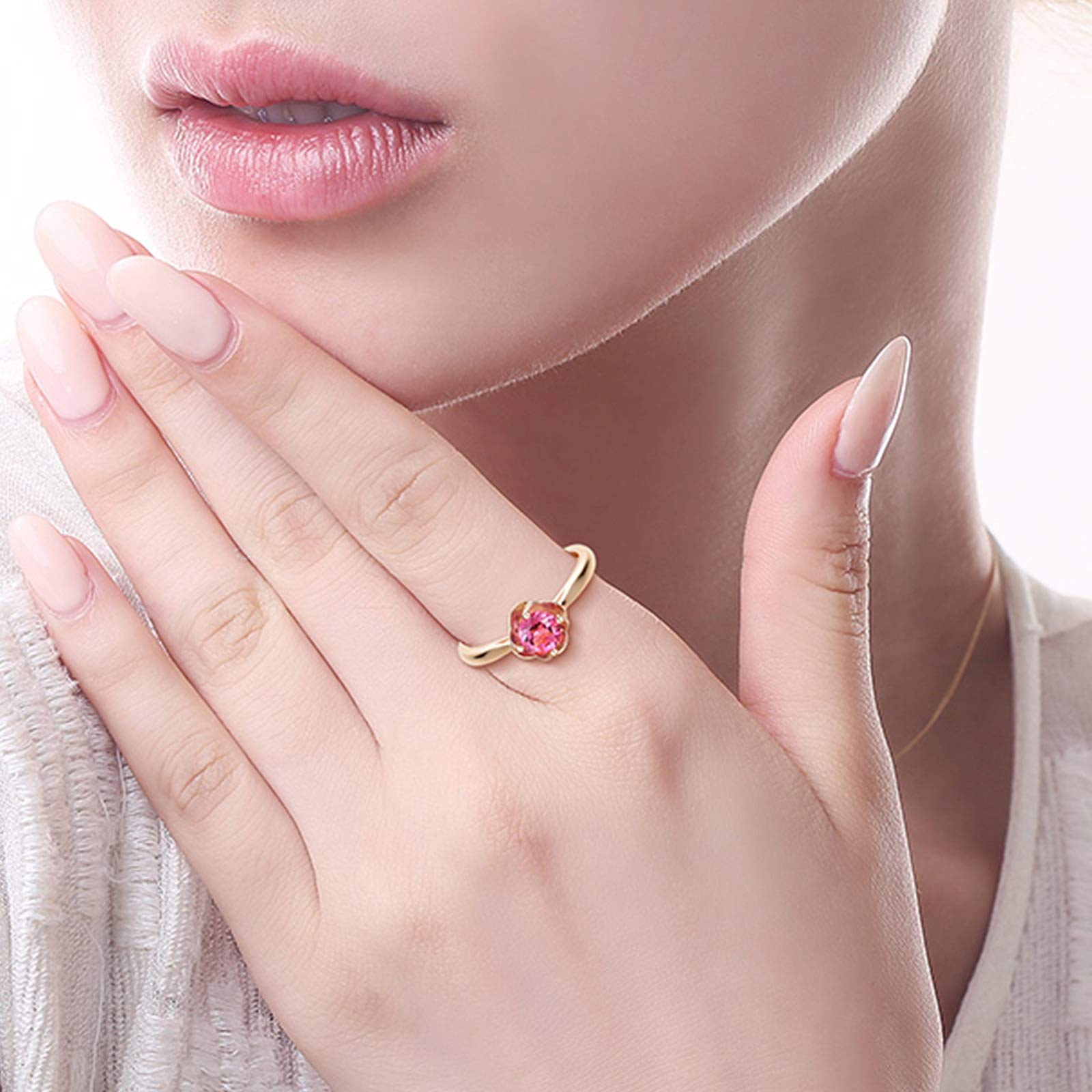 Oro rosso 18 K Au750 - Anello solitario da donna, con fiori rosa tormalina, anelli veri gioielli