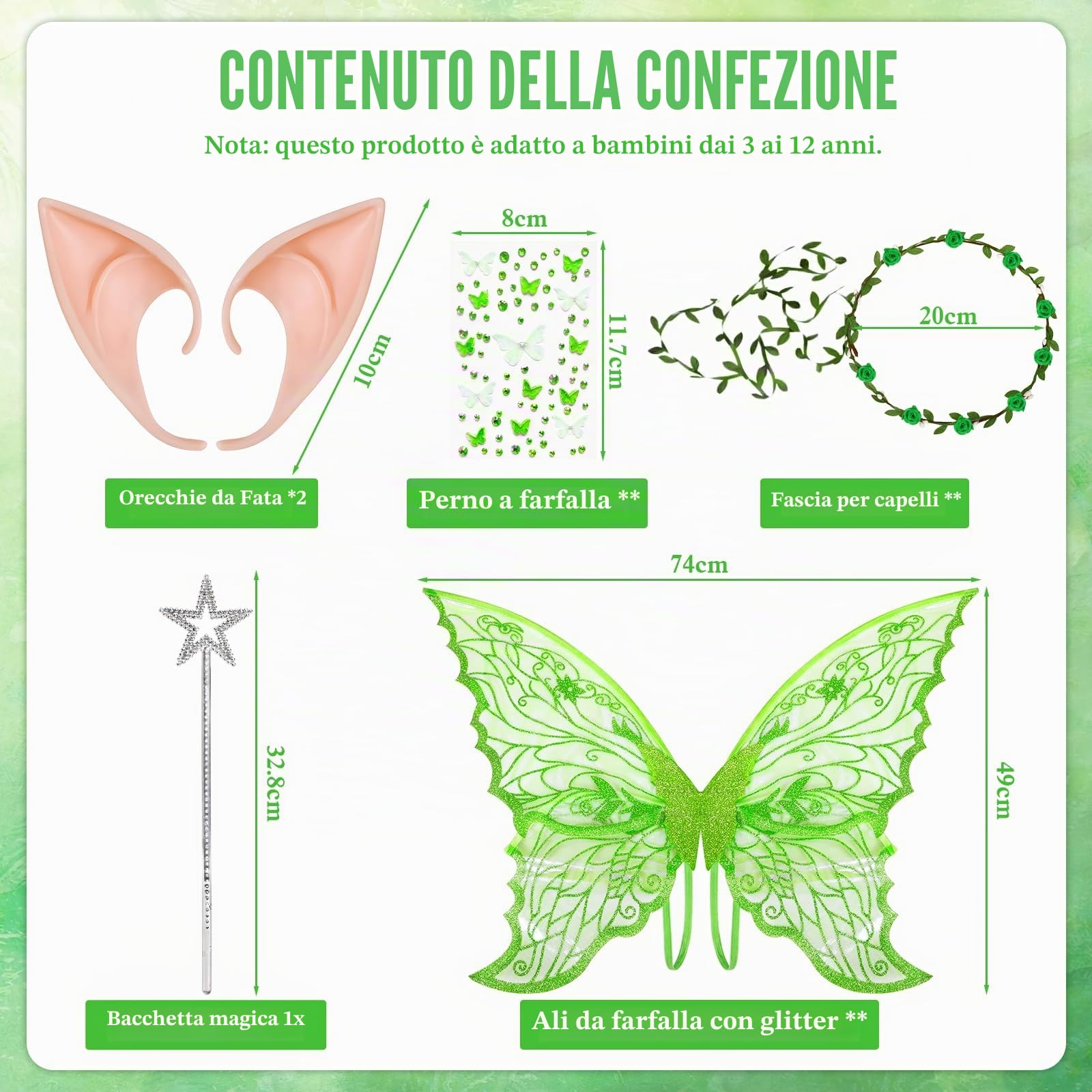 5 Pezzi Ali da Fata a Forma di Farfalla,con Orecchie da Elfo,Cerchietto da Fata,Bacchette di Fata a Stella,Adesivo Farfalla,per Carnevale,Compleanno,Giochi di Ruolo.3-12(Verde)
