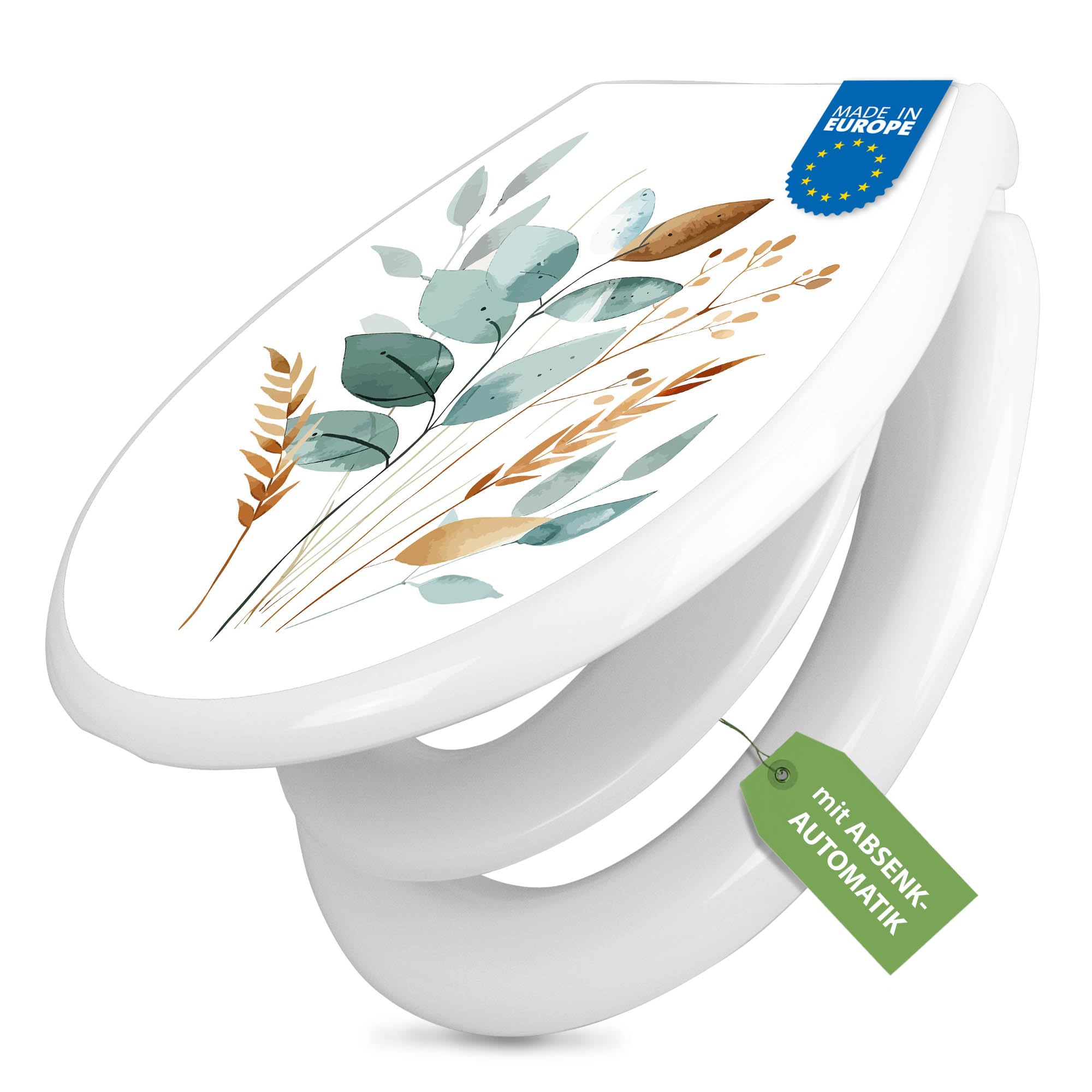 banjado Familien WC Sitz mit Absenkautomatik 44,9x37,1cm - Klobrille mit Kindersitz aus hochwertigem Polypropylen - Toilettendeckel mit Kinder Toilettensitz integriert - Motiv Minimalistische Blätter