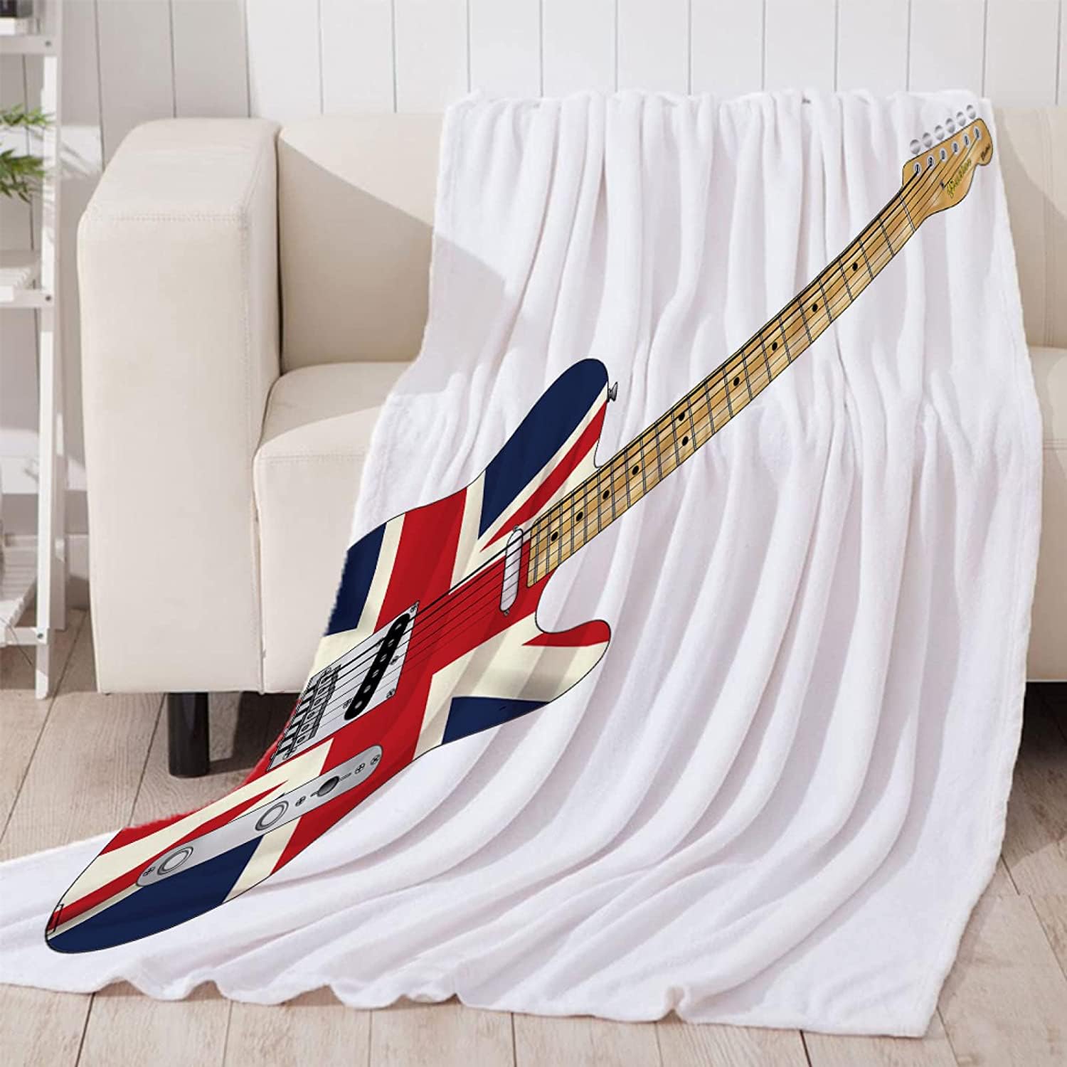 Loussiesd Coperta in pile per chitarra, per divano, divano, musica rock, a tema, sherpa, motivo musicale, coperta sfocata, decorazione da parete in mattoni bianchi, coperta in peluche, singola 127 x