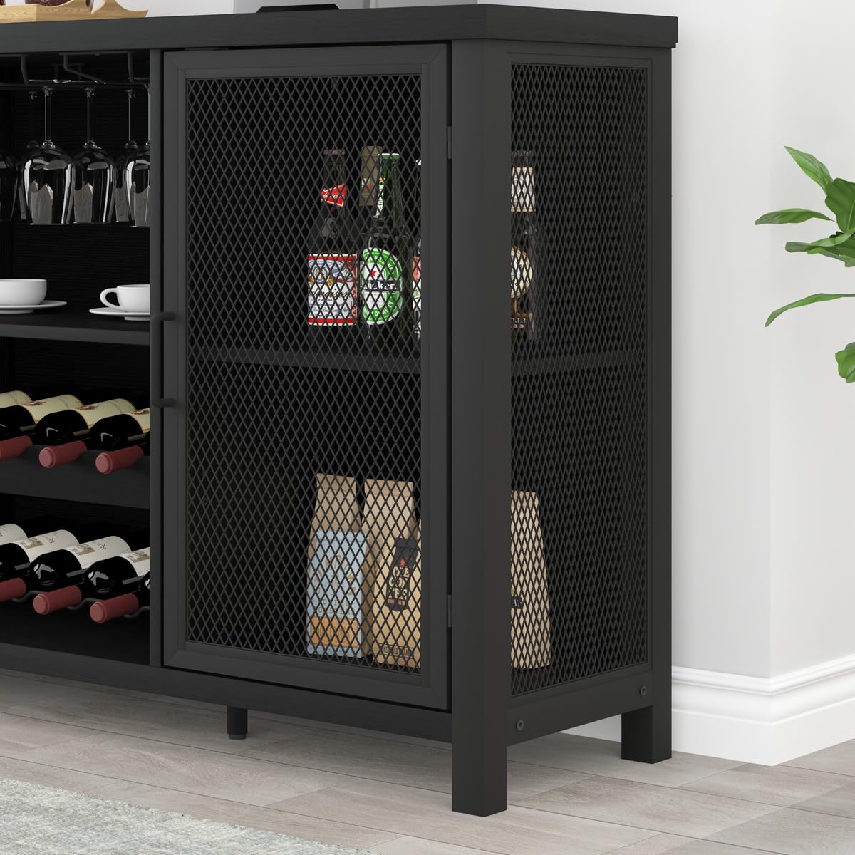 HSH Kücheschrank Mit Stauraum Farmhouse Buffetschränke Küche Mit Regal Für Spirituosen Kaffee Industriell Sideboard Für Zuhause Wohnen Esszimmer Weinschrank Schwarz 140 cm