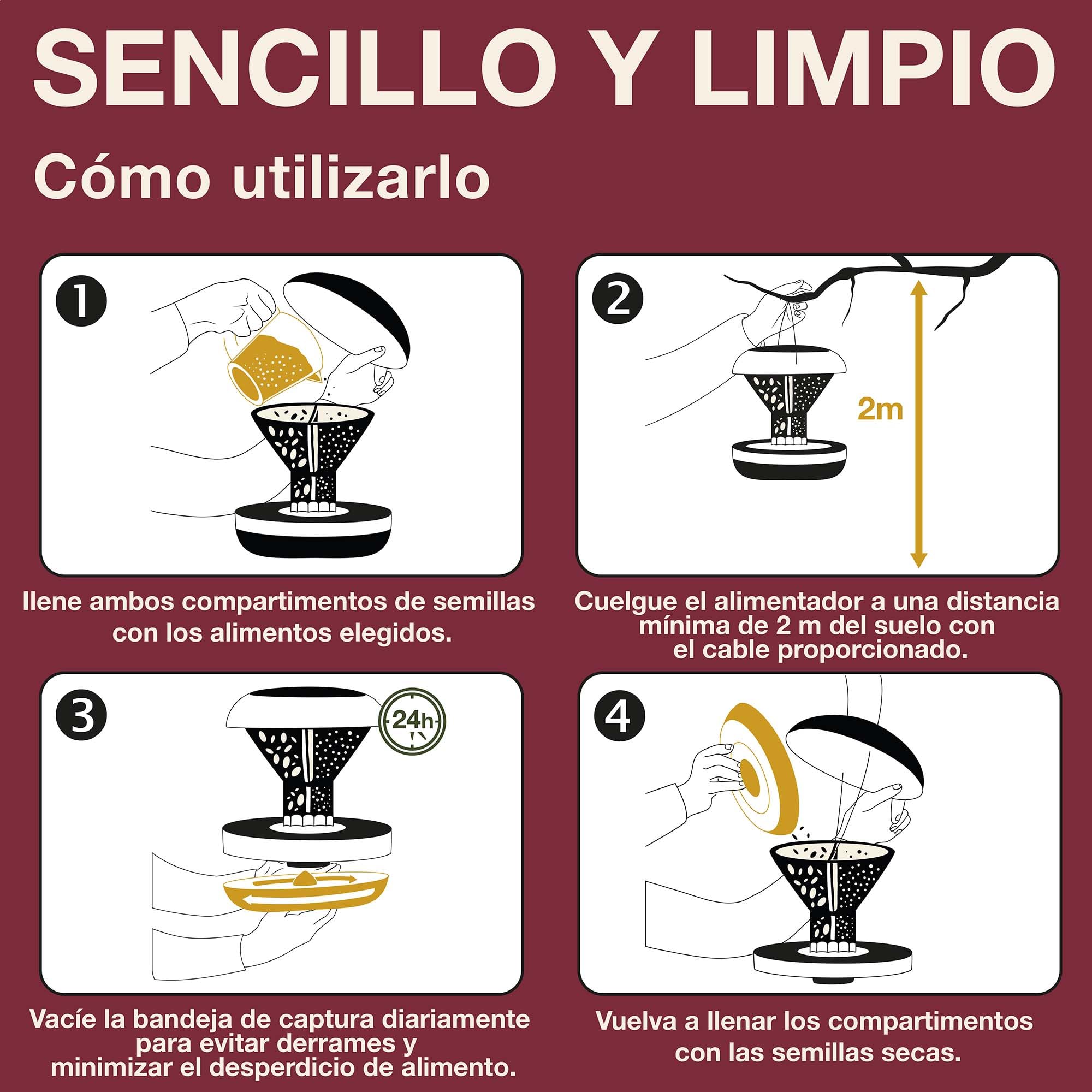 SWISSINNO Comedero para Pájaros Colgante – Davos Smart Birds - Dispensador con Bandeja - Tolva Segura contra Roedores - para Jardín y Balcón - Burdeos