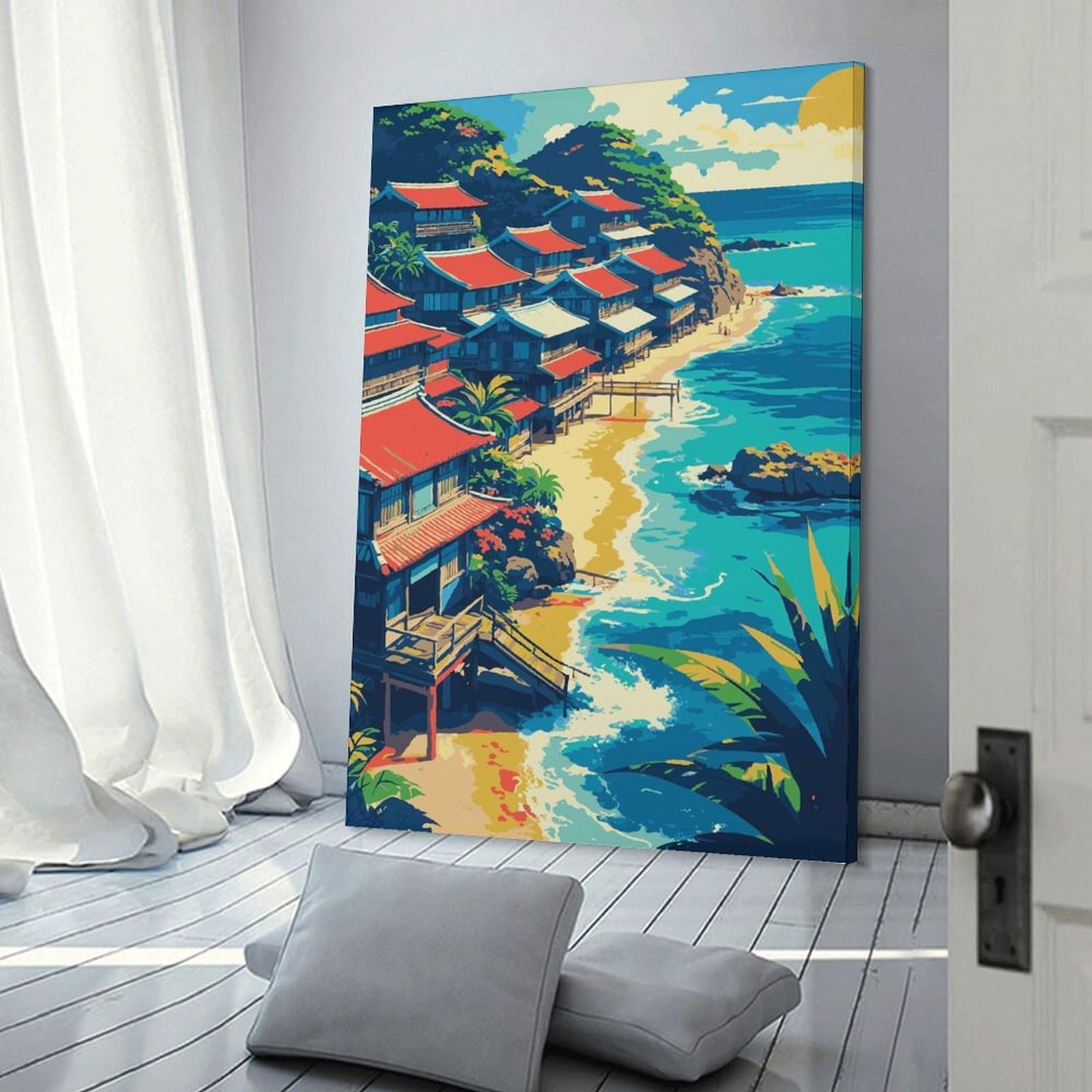 Junmoney Frame-Style-2 Coastal Village With Red-Roofed Houses Hanging Wall Art, 20X30inch(50X75cm), For Bedroom Walls, Guest Spaces Or Lounges, An Easy Wall Refresh For Bedrooms