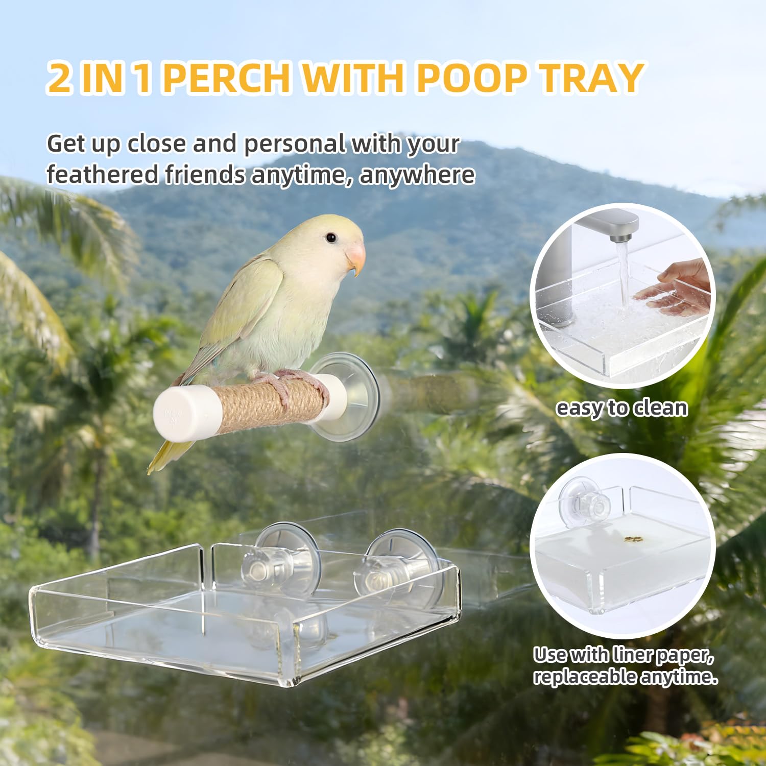 2-in-1 Bird Perch with Removable Tray | Suction Cup Bird Perch with Locking Guard & Feeder Tray | for Small and Medium Birds Like Parakeets, Cockatiels, Lovebirds, Conures(Clear,Medium) - image 2